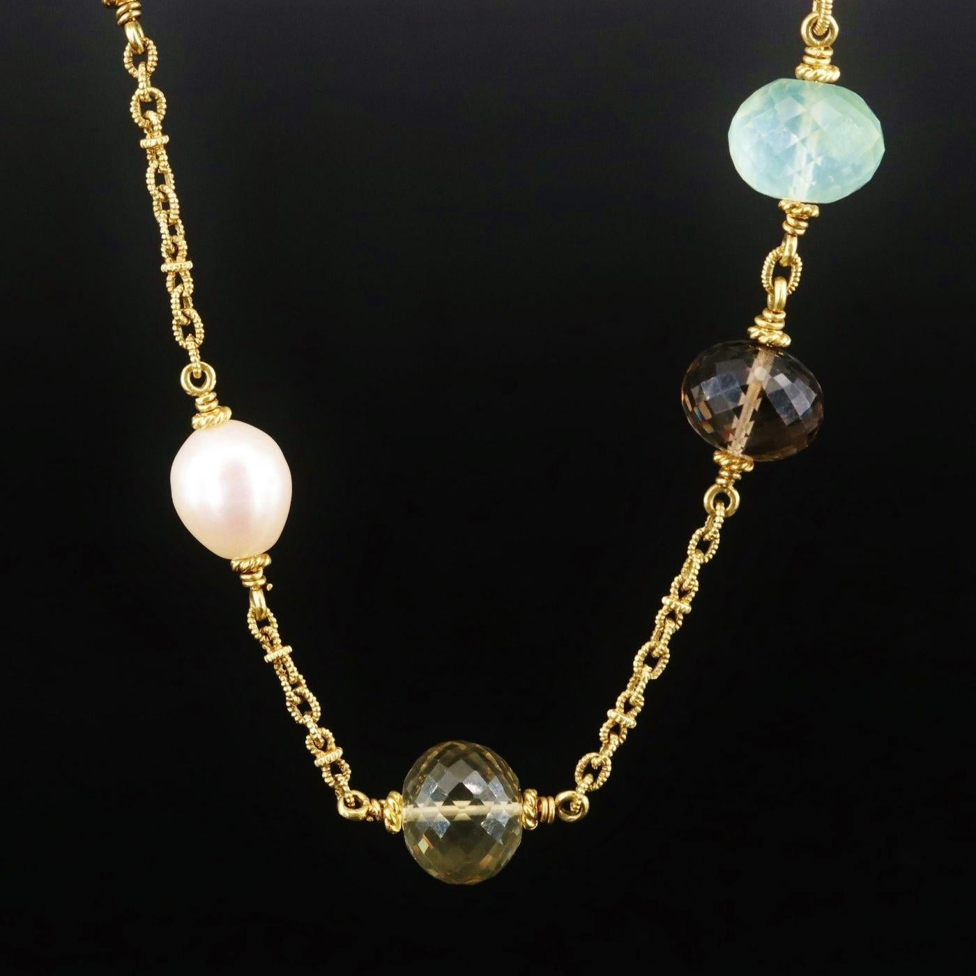 Designer Judith Ripka Necklace (stamped with the designer hallmarks)

Bahama Mama collection

NEW with tags, Tag Price $29000

18K solid Yellow gold

Very heavy and well made, 80.5 grams in weight 

Top Quality Diamond, Gemstone and Pearls, top