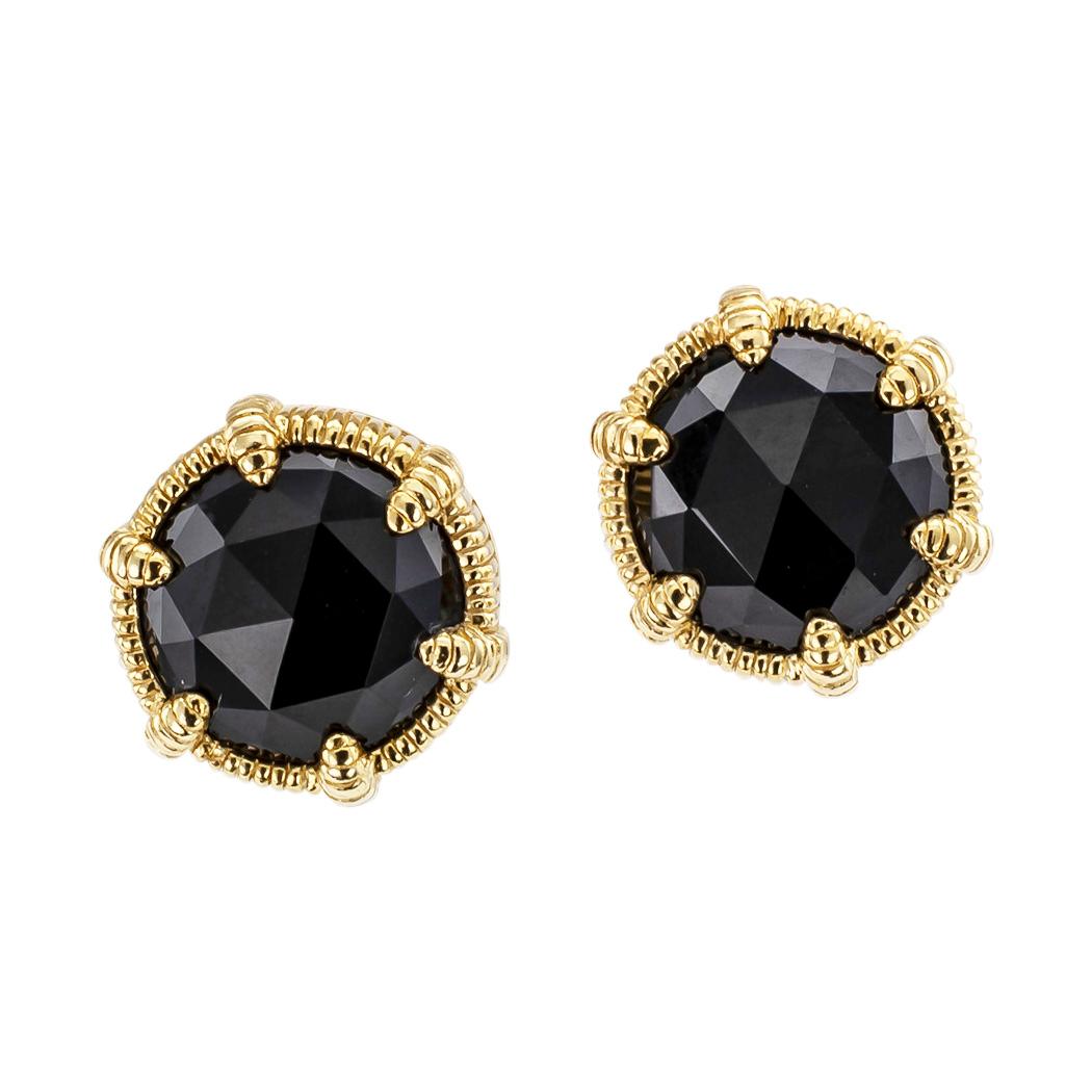 Judith Ripka faceted onyx and gold stud earrings.

DETAILS:

GEMSTONES:  two round faceted black onyx.

METAL:  18-karat yellow gold.

WEIGHT:  8.7 grams.

HALLMARKS:  maker’s marks for Judith Ripka.

MEASUREMENTS:  approximately 11.5 mm overall