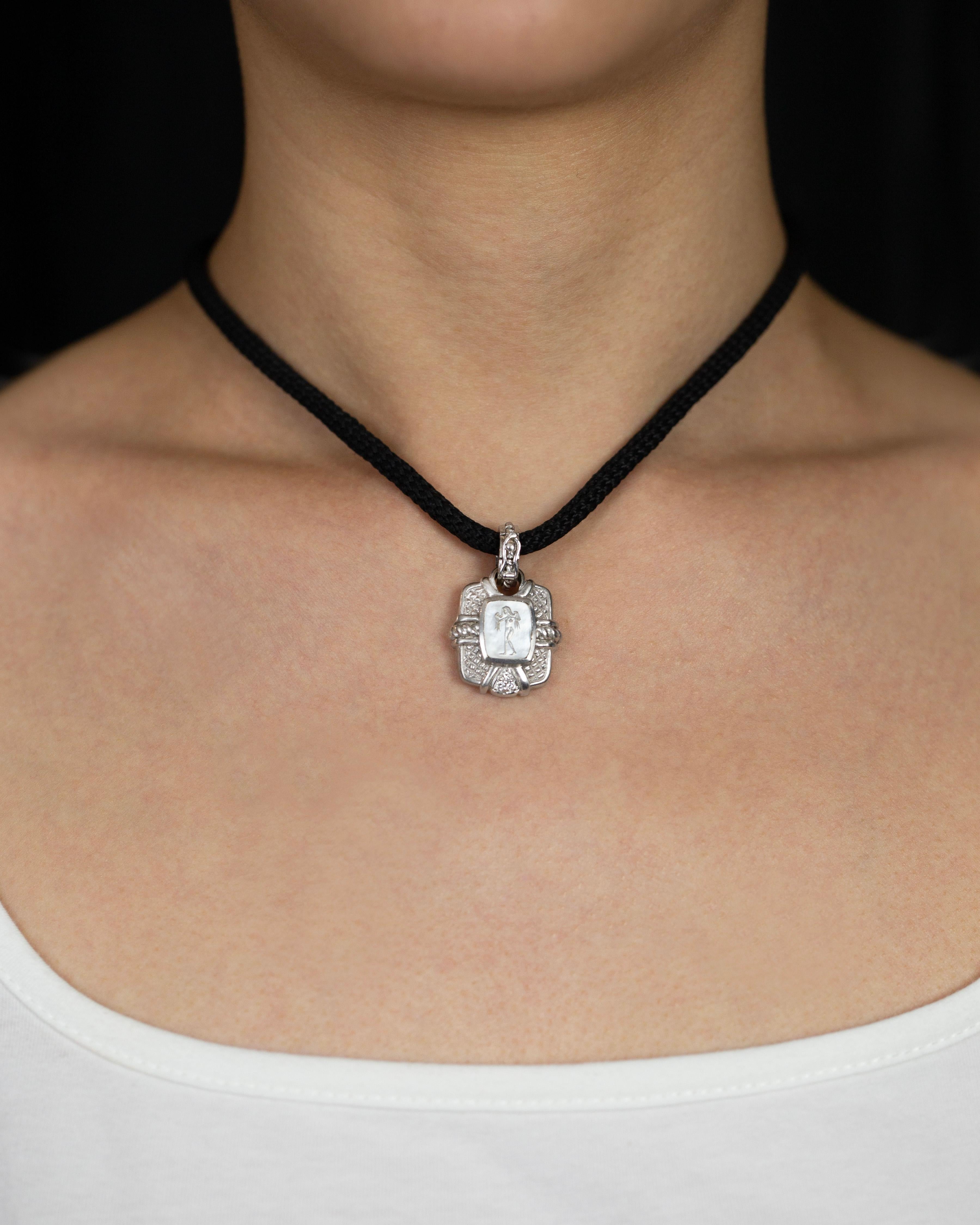 Judith Ripka Black Silk String Necklace with Antique White Gold Pendant In Good Condition For Sale In New York, NY