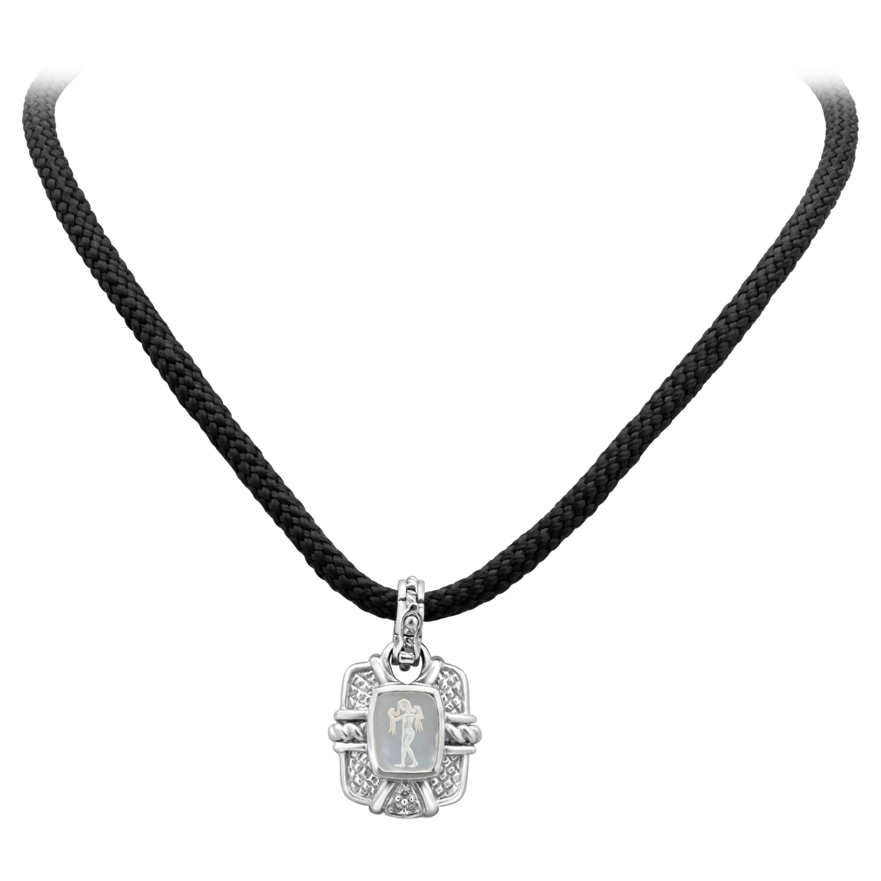 Judith Ripka Black Silk String Necklace with Antique White Gold Pendant For Sale