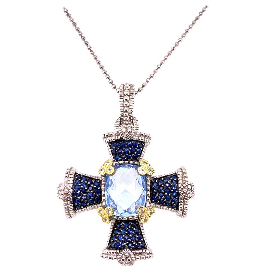 Judith Ripka Blue Topaz 18 Karat Gold Sterling Silver Cross Pendant Necklace