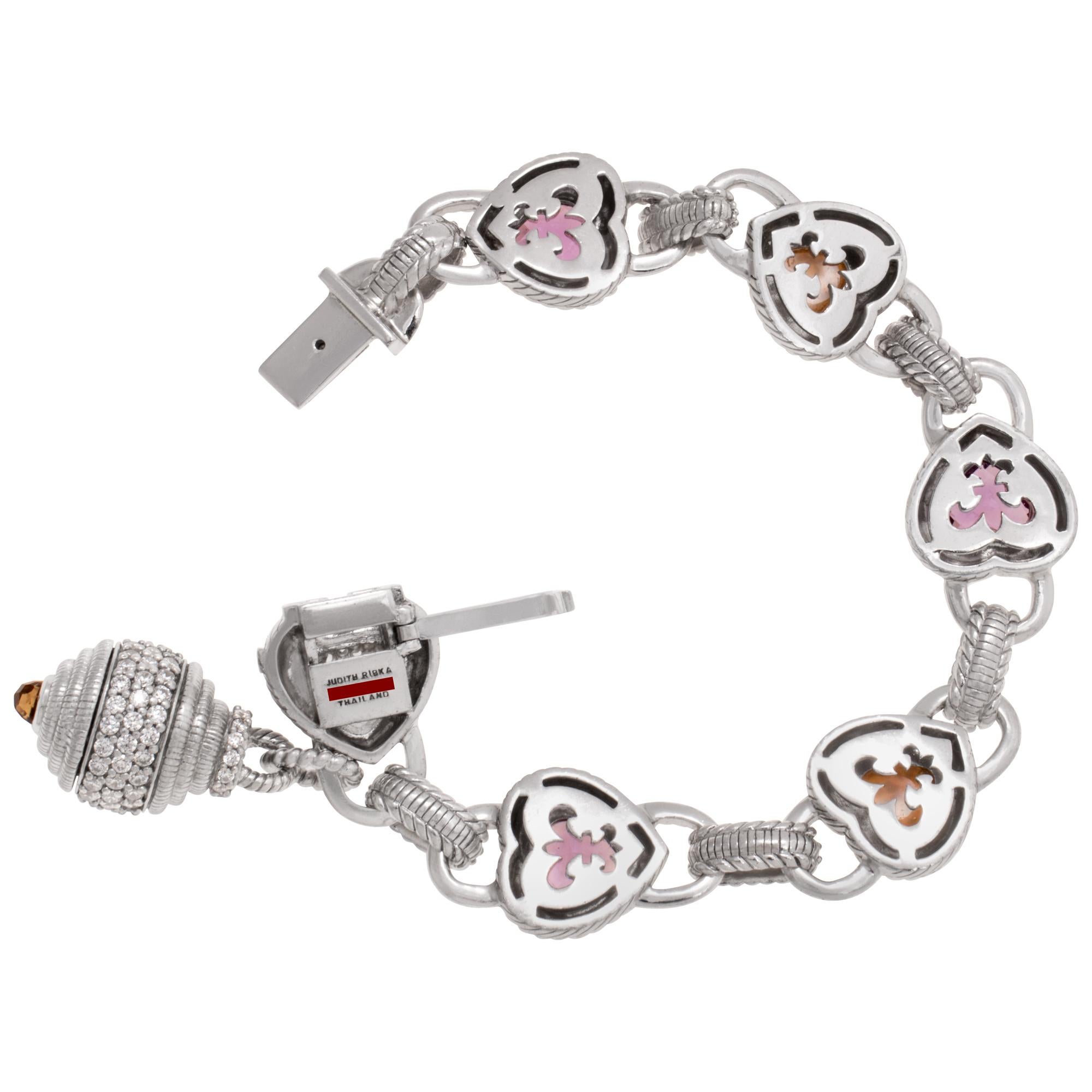 Judith Ripka-Armband mit Amethyst- und Quarzherzen aus Sterlingsilber. Größe 7.