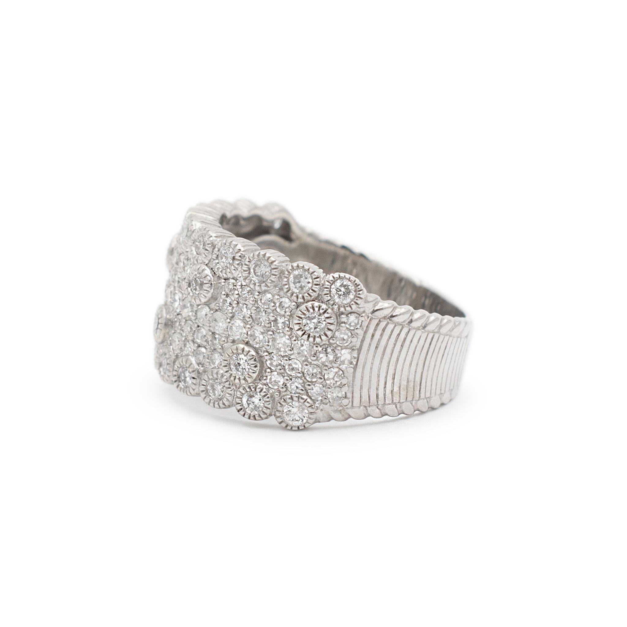 Round Cut Judith Ripka Bridal Ladies 14K White Gold Textured Cluster Diamond Band Ring For Sale