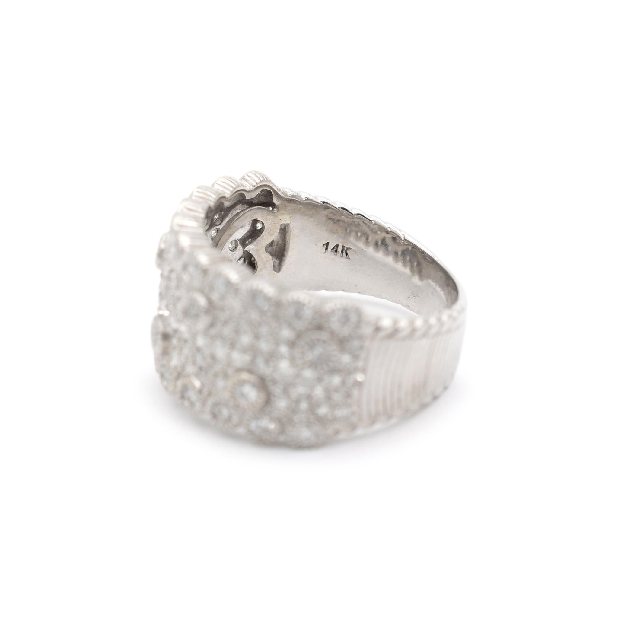Judith Ripka Bridal Ladies 14K White Gold Textured Cluster Diamond Band Ring For Sale 1