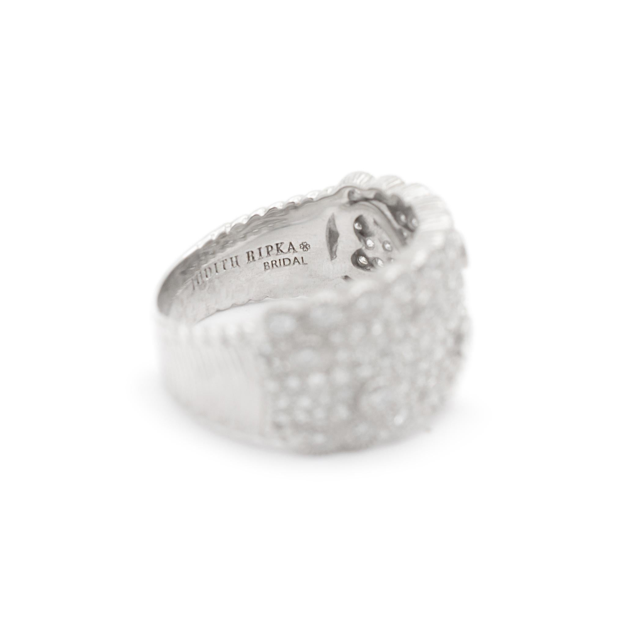 Judith Ripka Bridal Ladies 14K White Gold Textured Cluster Diamond Band Ring For Sale 2