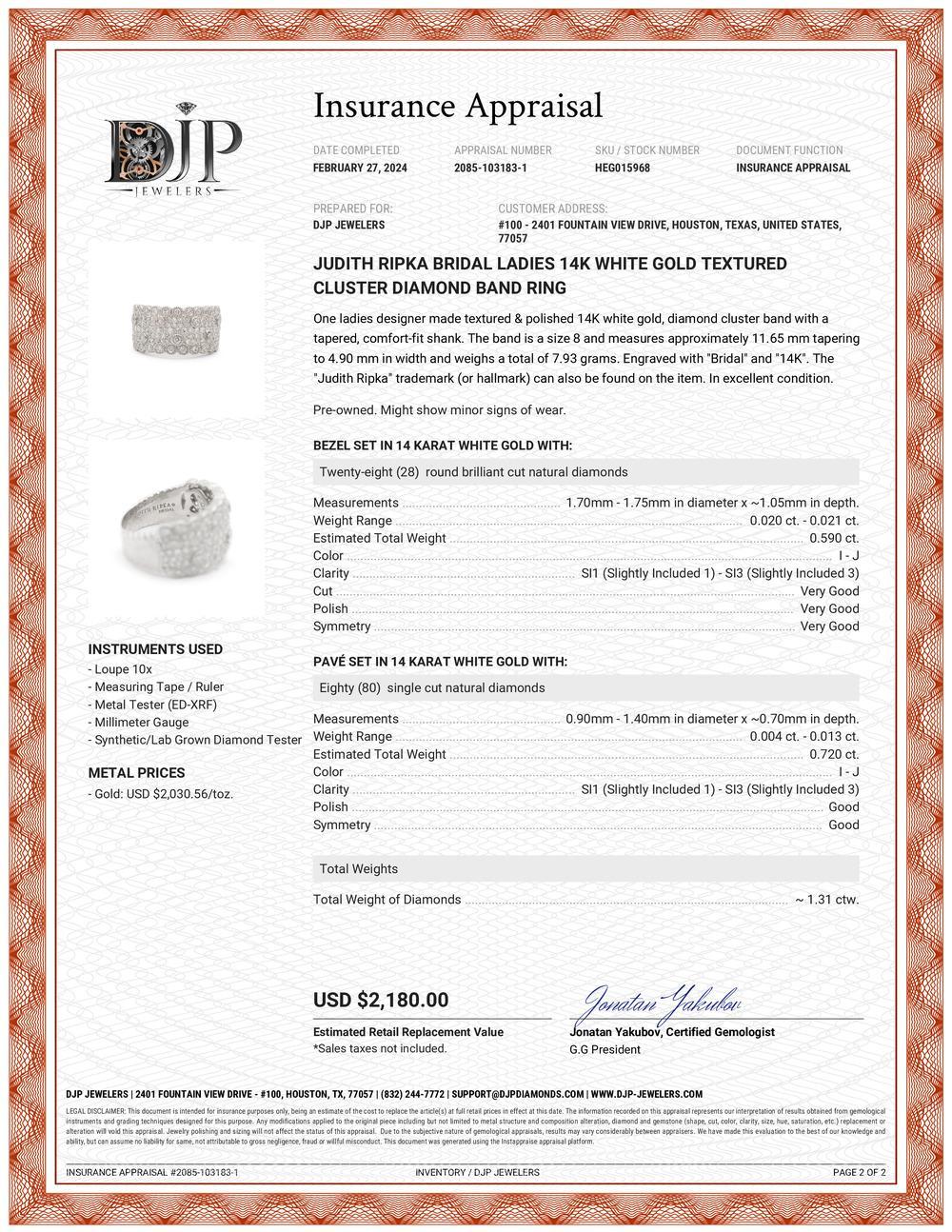 Judith Ripka Bridal Ladies 14K White Gold Textured Cluster Diamond Band Ring For Sale 4