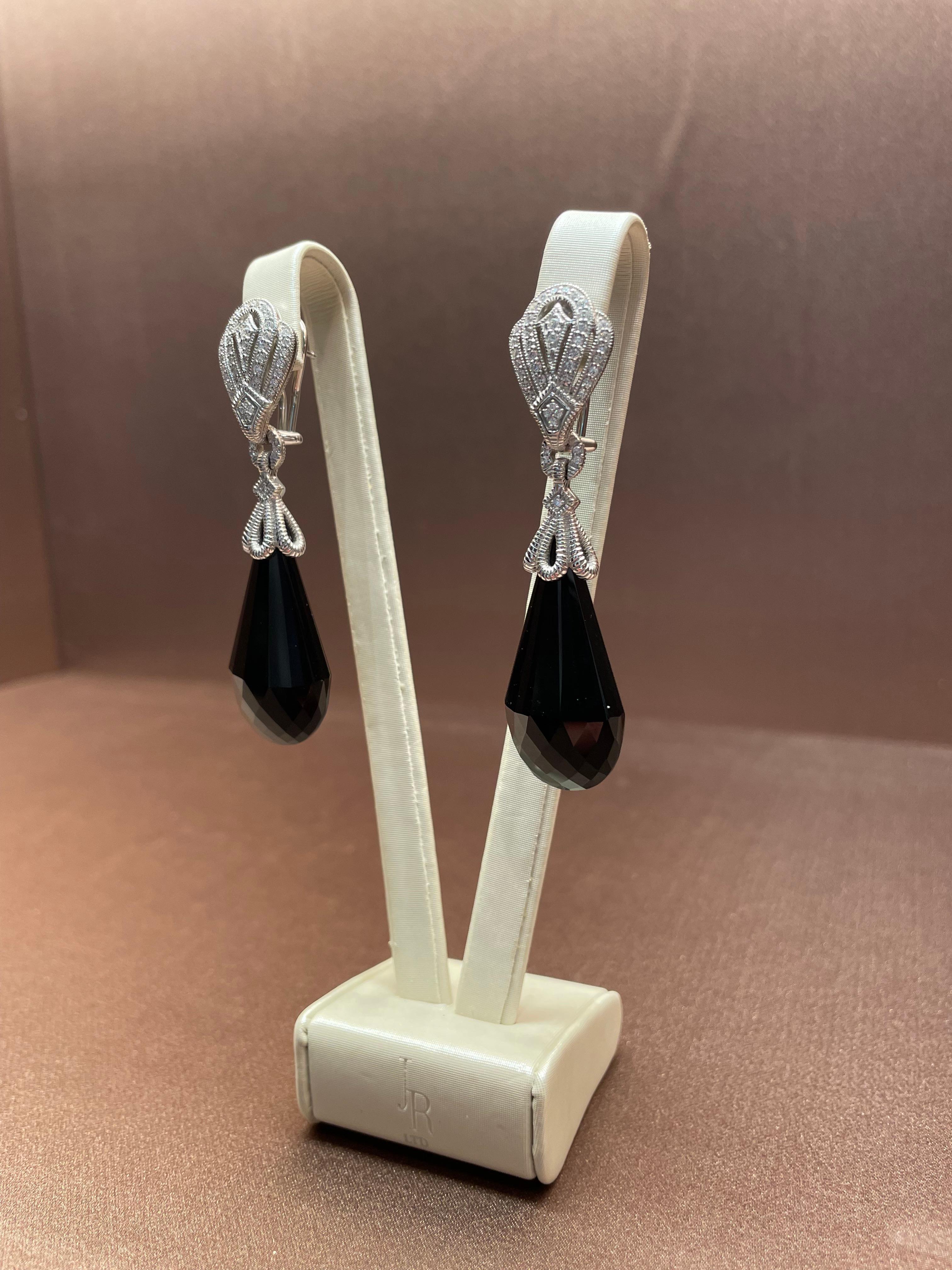 Judith Ripka Briolette Pear Shape Black Onyx Drop Earrings w/ 0.65ct diamonds 18k White Gold