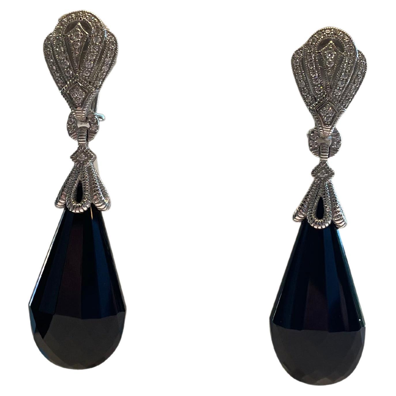 Judith Ripka Briolette Black Onyx Drop Earrings w/ 0.65ct diamonds 18k WG For Sale