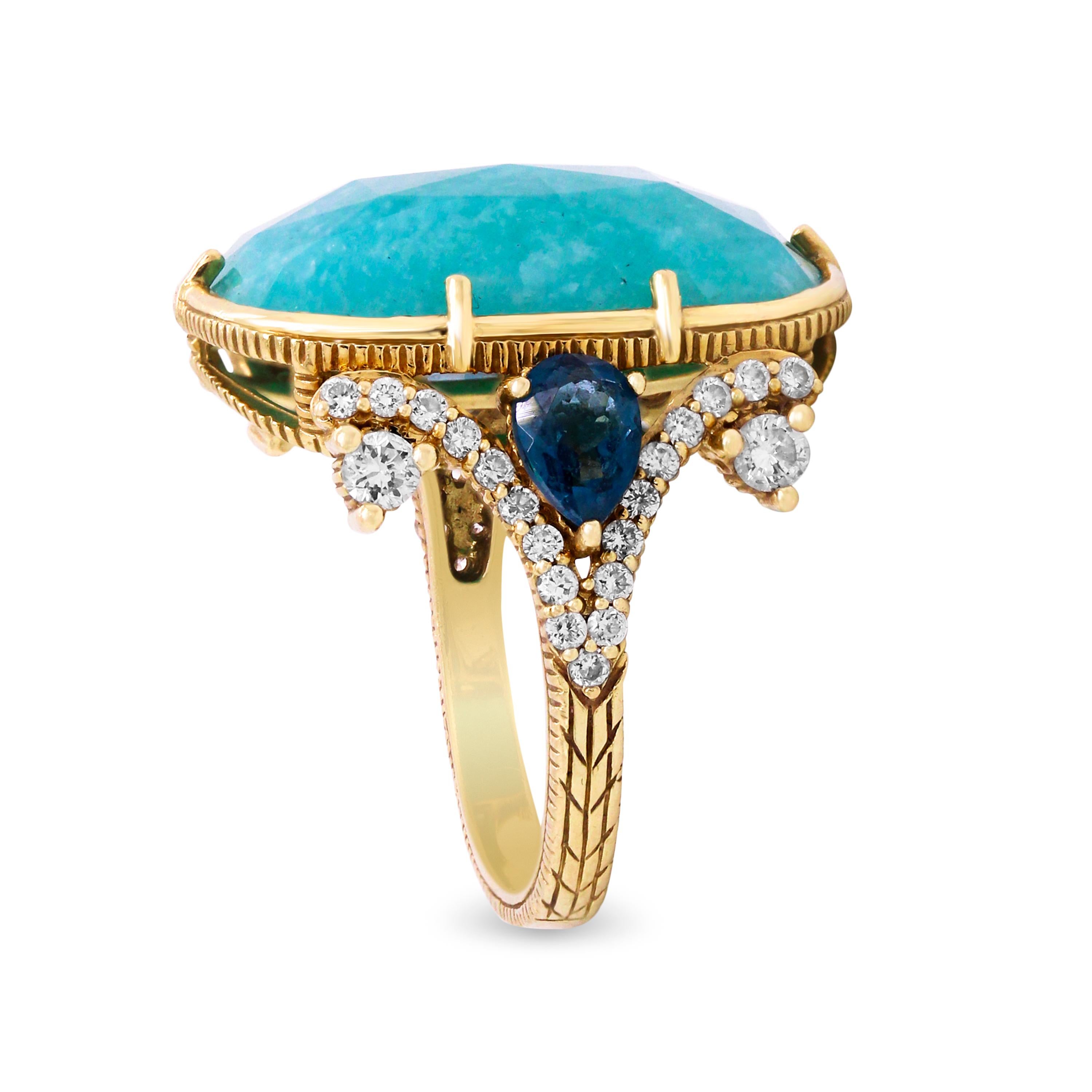 Judith Ripka Cabochon Aquamarine Pear Shape Blue Sapphire 18K Gold Diamond Ring

This chic and fun ring features a gorgeous setting that has diamonds and pear shape blue sapphires on both sides along with a cabochon, Aquamarine center.

0.40 carat