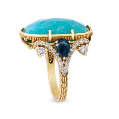 Judith Ripka Cabochon Aquamarine Pear Shape Blue Sapphire 18k Gold Diamond Ring