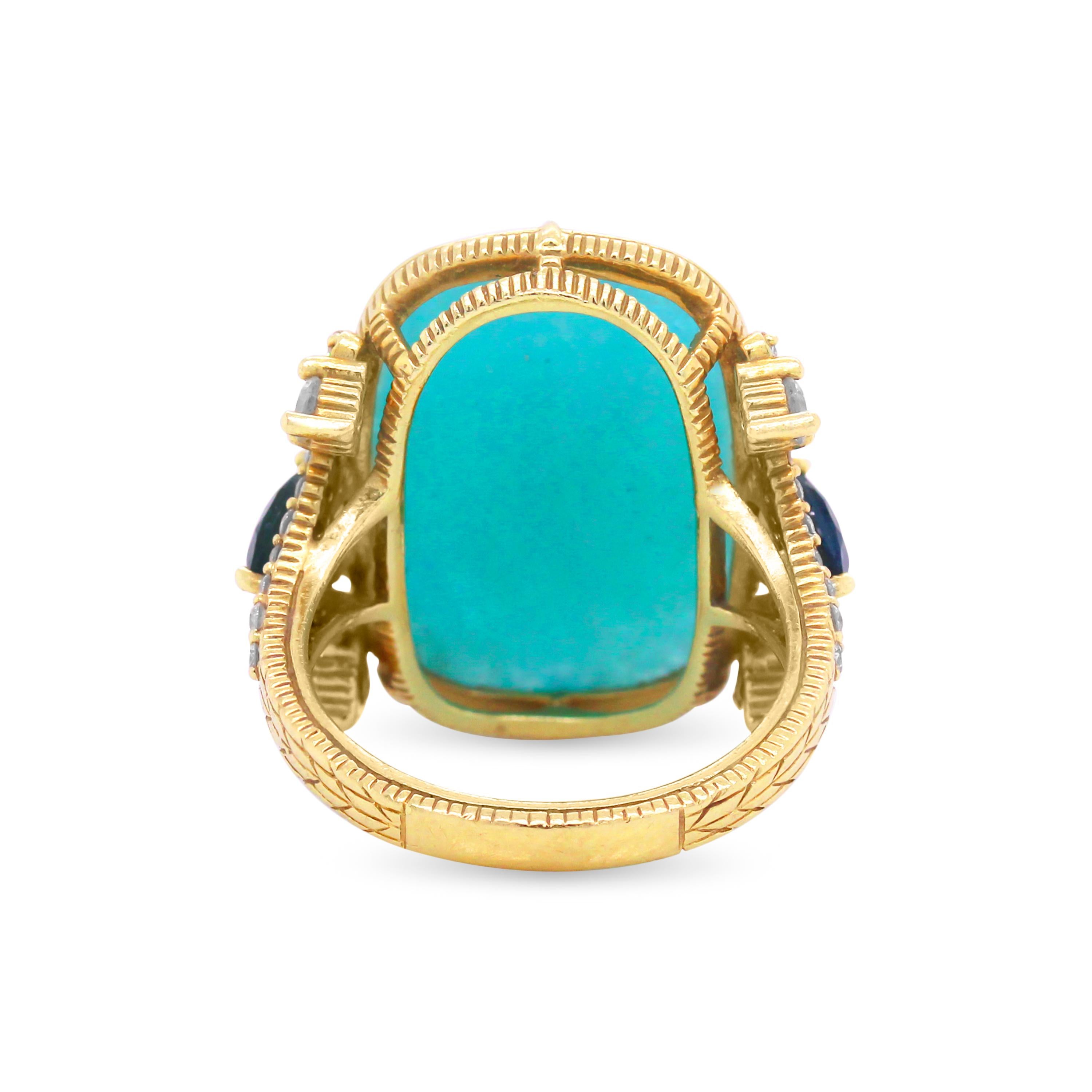 Contemporary Judith Ripka Cabochon Aquamarine Pear Shape Blue Sapphire 18k Gold Diamond Ring
