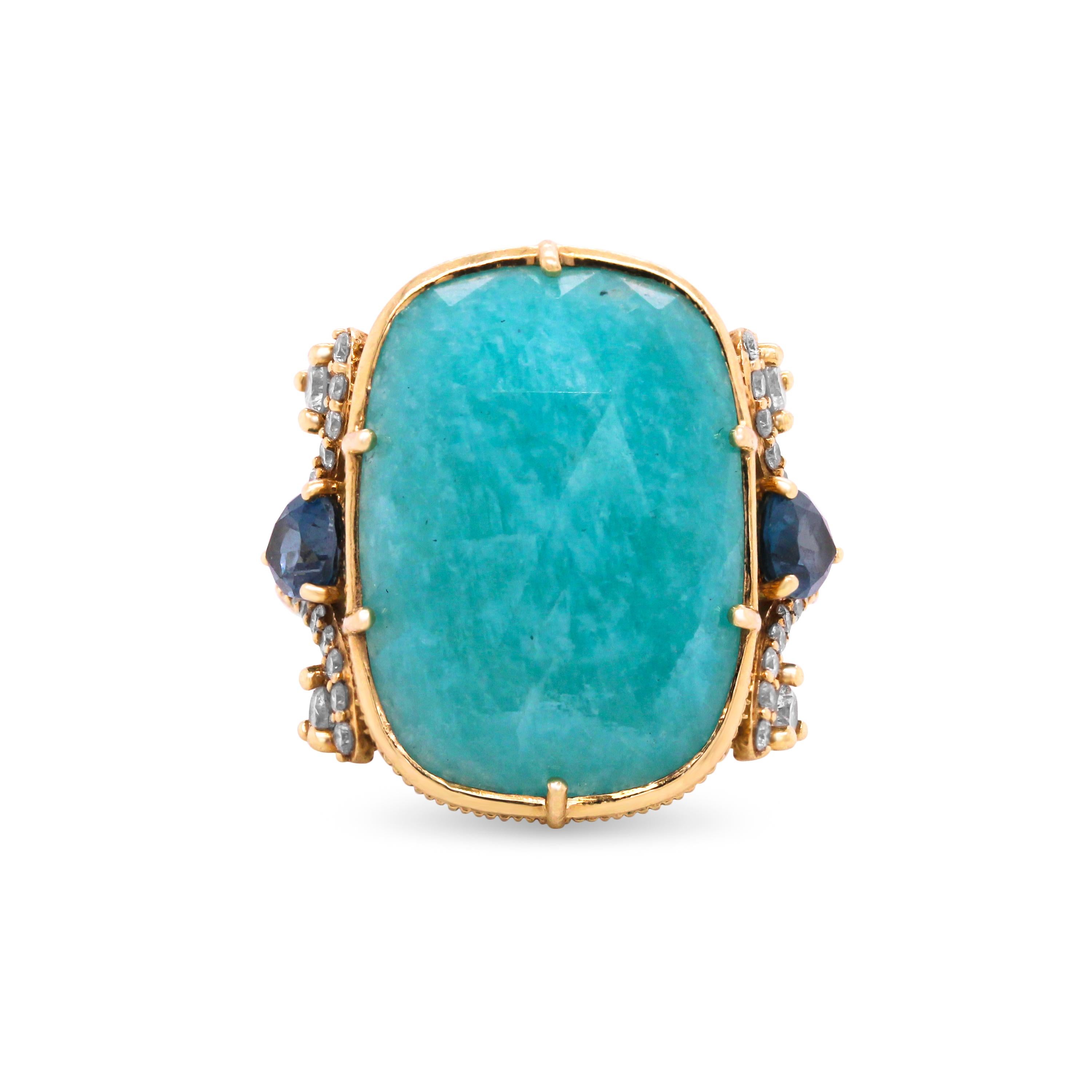 Judith Ripka Cabochon Aquamarine Pear Shape Blue Sapphire 18k Gold Diamond Ring In New Condition In Boca Raton, FL