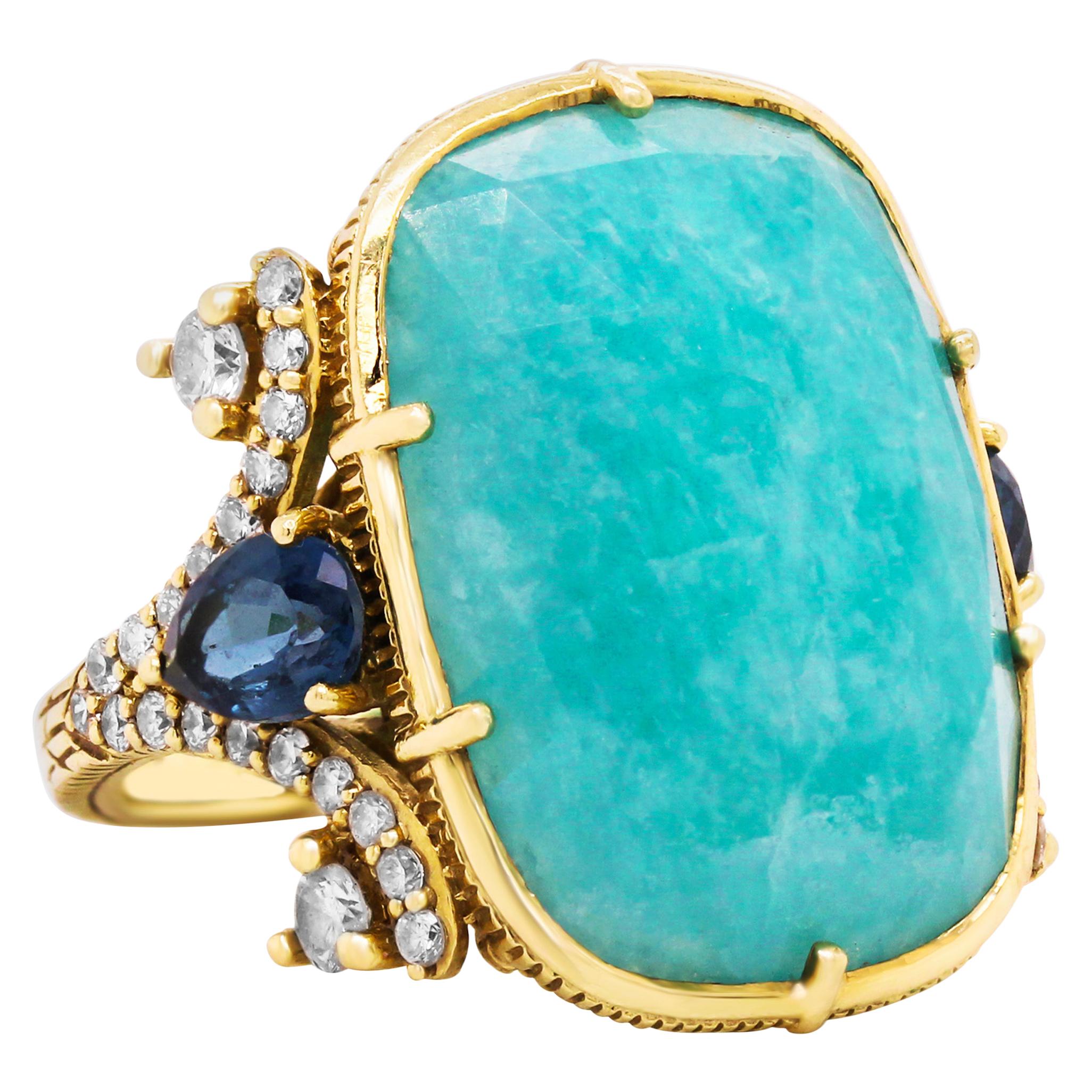 Judith Ripka Cabochon Aquamarine Pear Shape Blue Sapphire 18k Gold Diamond Ring