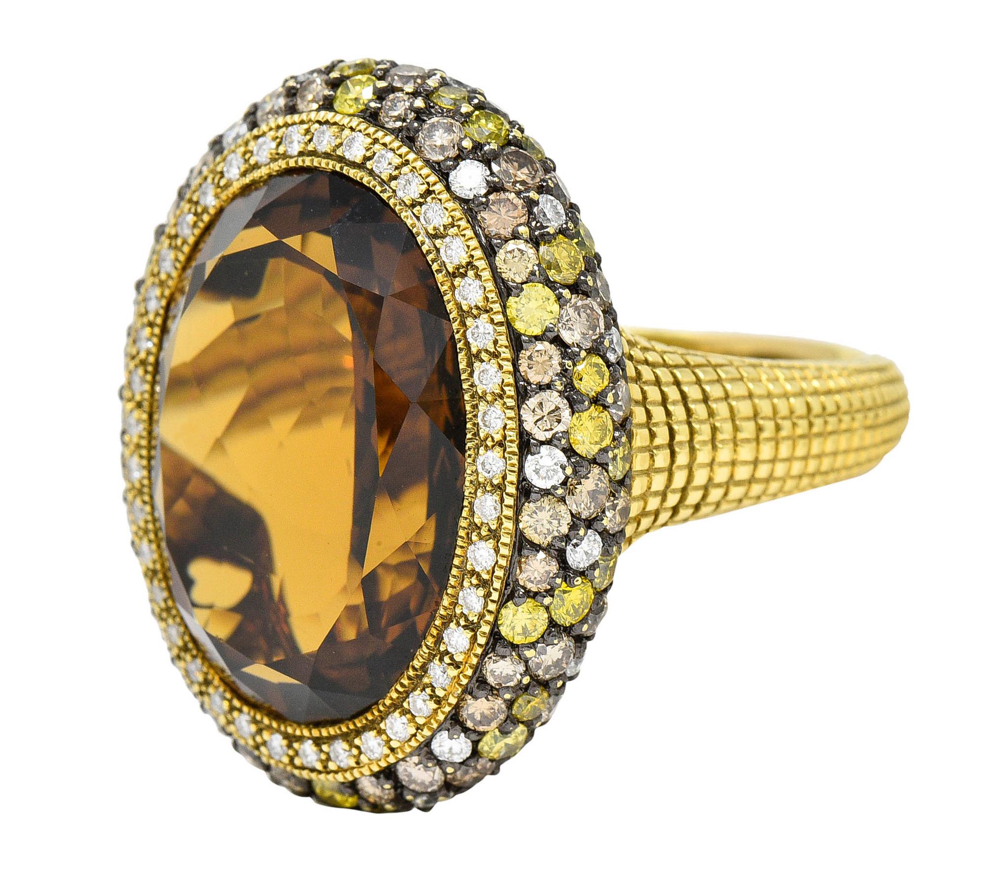 Brilliant Cut Judith Ripka Citrine Diamond & Fancy Colored Diamond 18 Karat Gold Monaco Ring