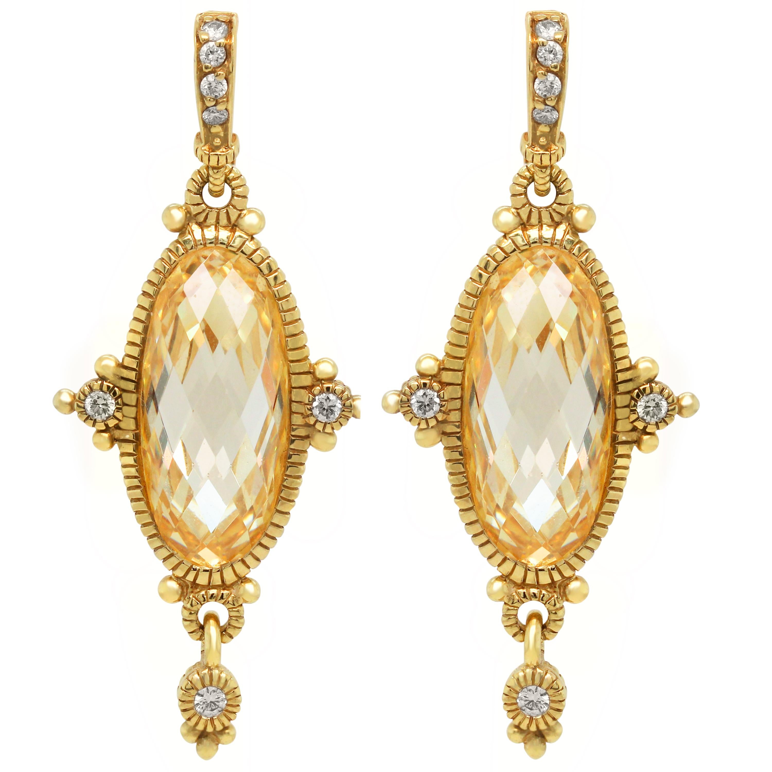 18K Gold Earrings by Judith Ripka with Citrine and Diamonds

14 diamonds make up pair. apprx. 0.28 ct. 

Signed JR in the clasp. 

1.5 inches length