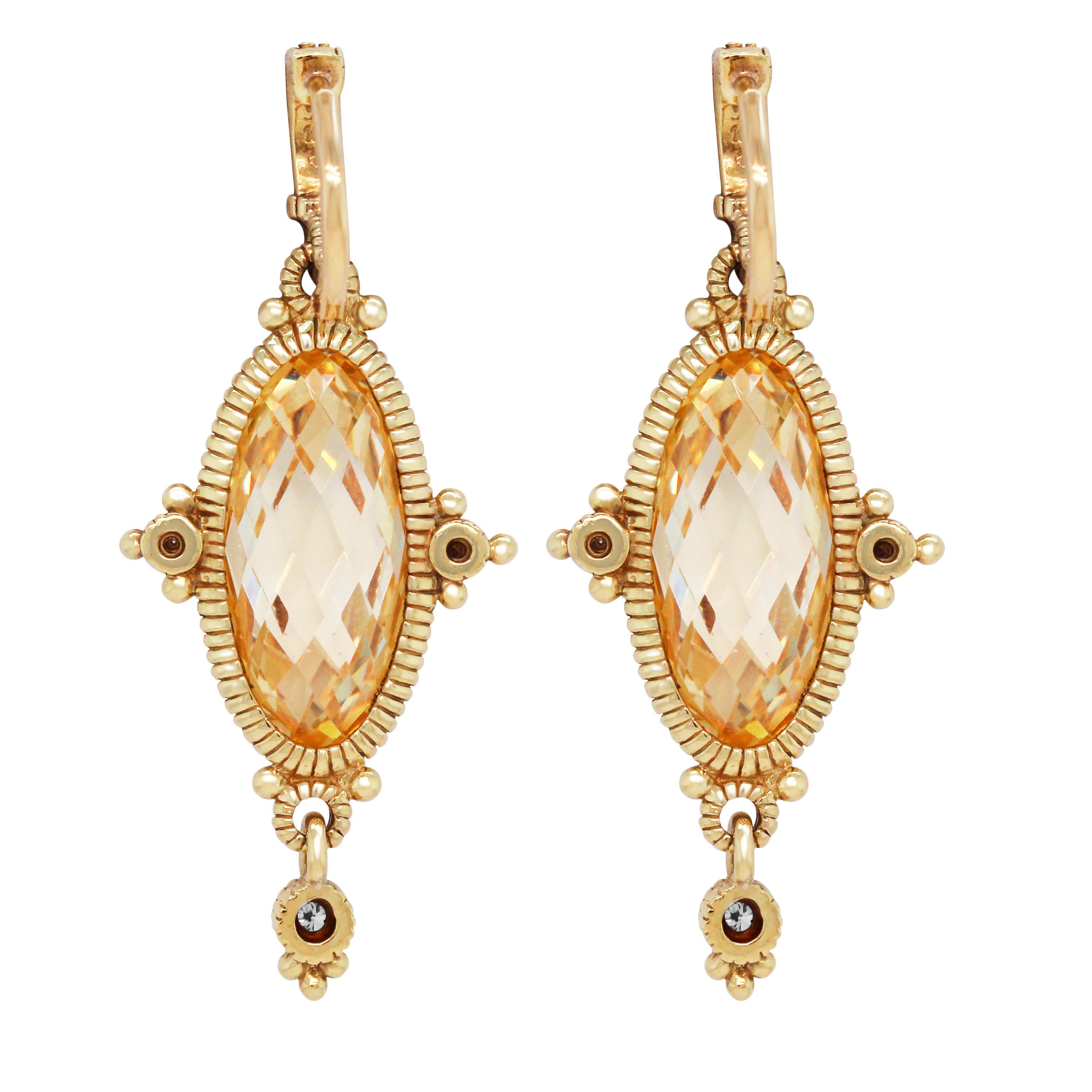 Judith Ripka Citrine Diamond Gold Drop Earrings In New Condition In Boca Raton, FL