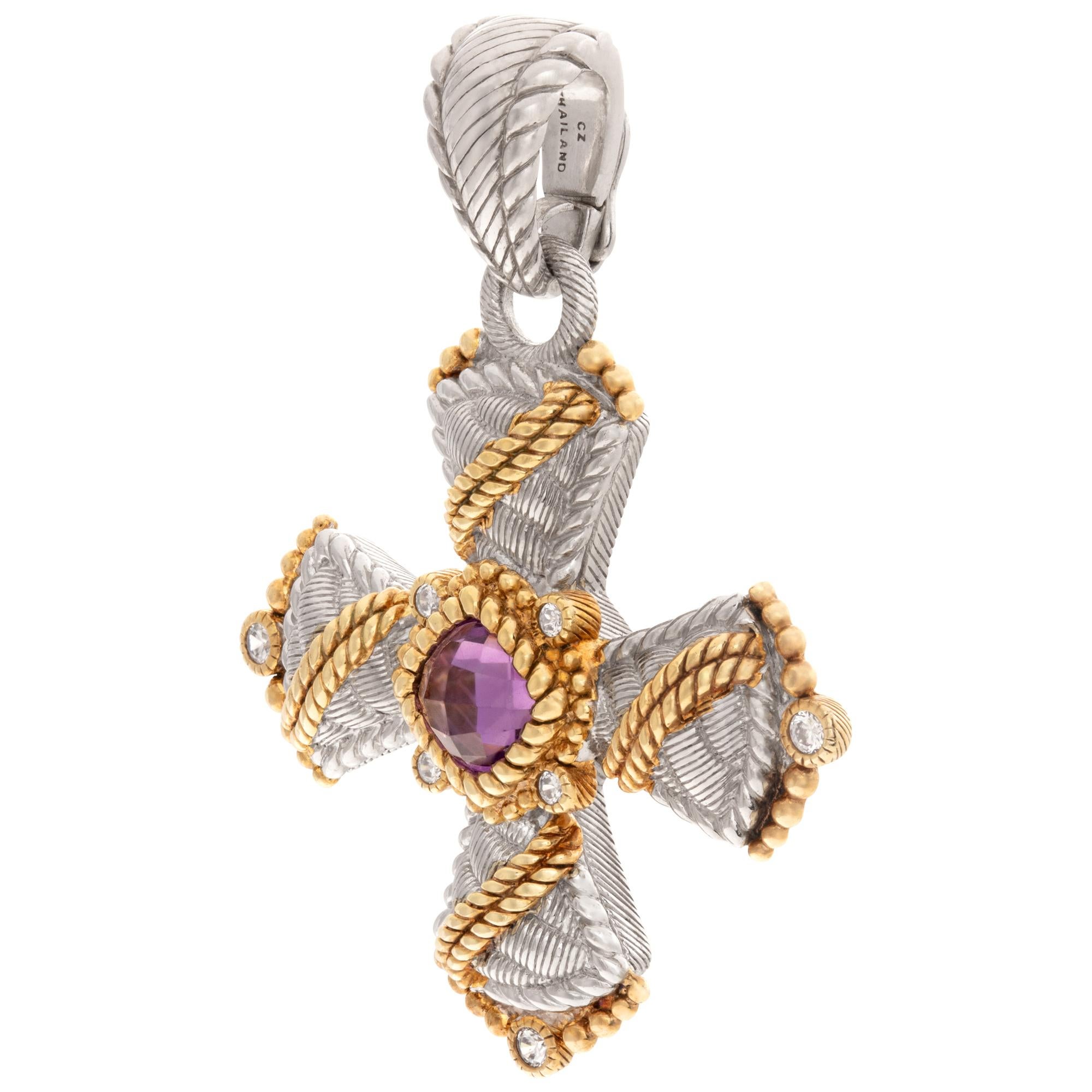 Judith Ripka cross pendant in 2 tone with faceted amethyst and accent cz white stones in sterling silver. Hanging length 48 mm x 33 mm.
