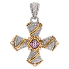 Judith Ripka Cross Pendant in 2 Tone with Faceted Amethyst in Sterling Silver