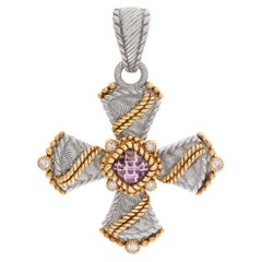 Judith Ripka Cross Pendant in 2 Tone with Faceted Amethyst in Sterling Silver