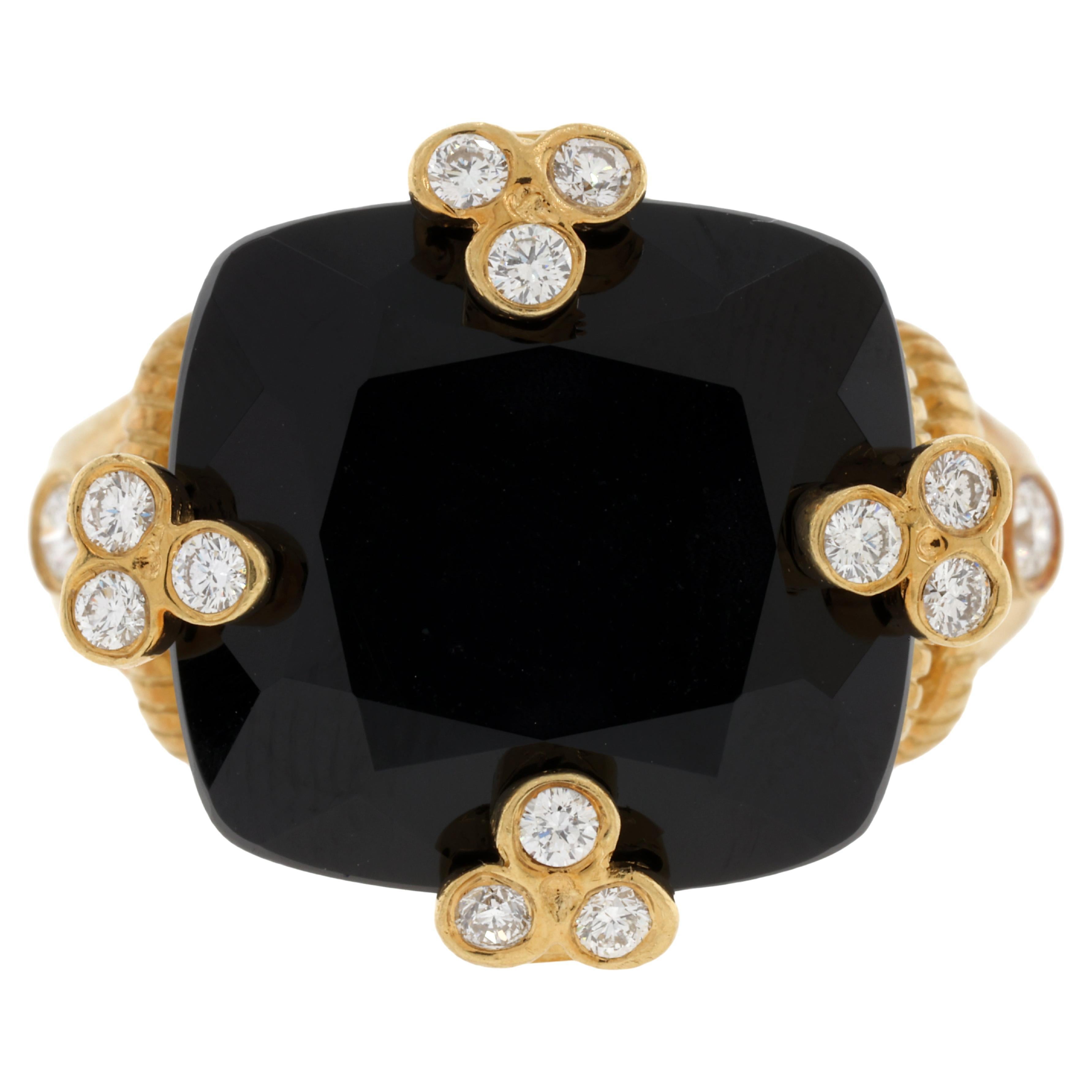 Judith Ripka Cushion Cut Black Onyx and Diamond Cocktail Ring in 18K Yellow Gold For Sale