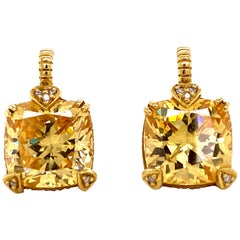 Judith Ripka Cushion Cut Citrine Diamond 18 Karat Yellow Gold Drop Earrings