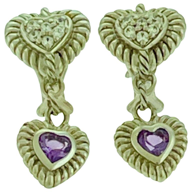 JUDITH RIPKA CZ Sterling Silver Heart Pierced Earrings w Amethyst 9.9 grams