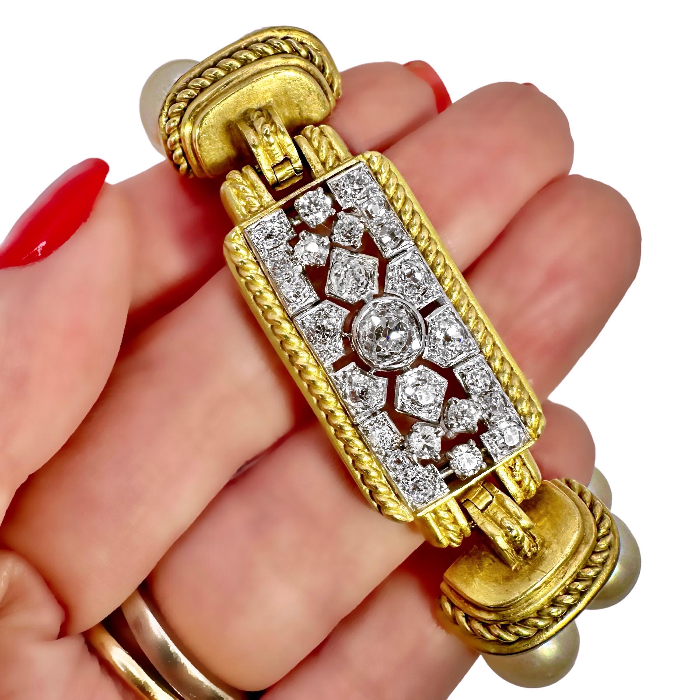 Judith Ripka Deco Style Diamond & Pearl Bracelet in 18K Gold & Platinum For Sale 4