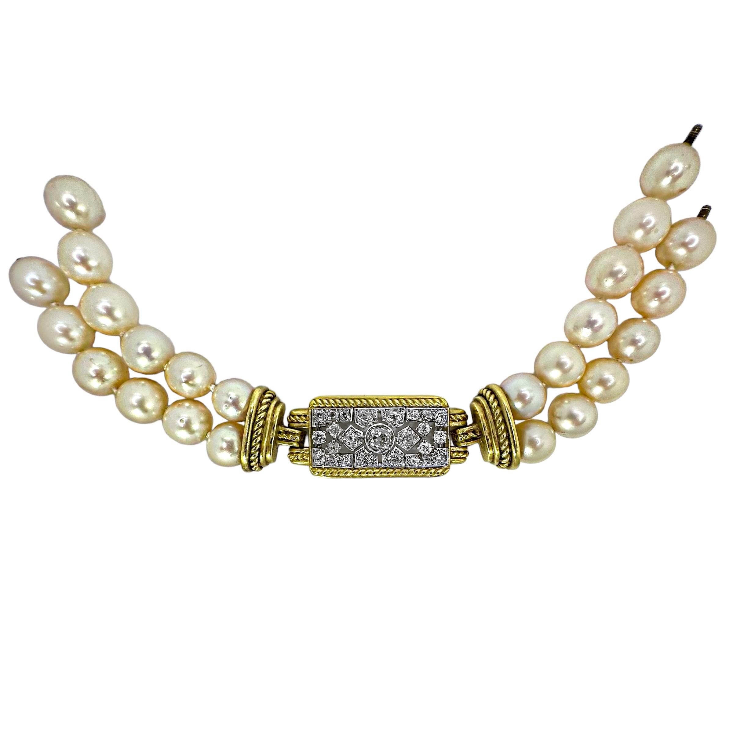 Old Mine Cut Judith Ripka Deco Style Diamond & Pearl Bracelet in 18K Gold & Platinum For Sale