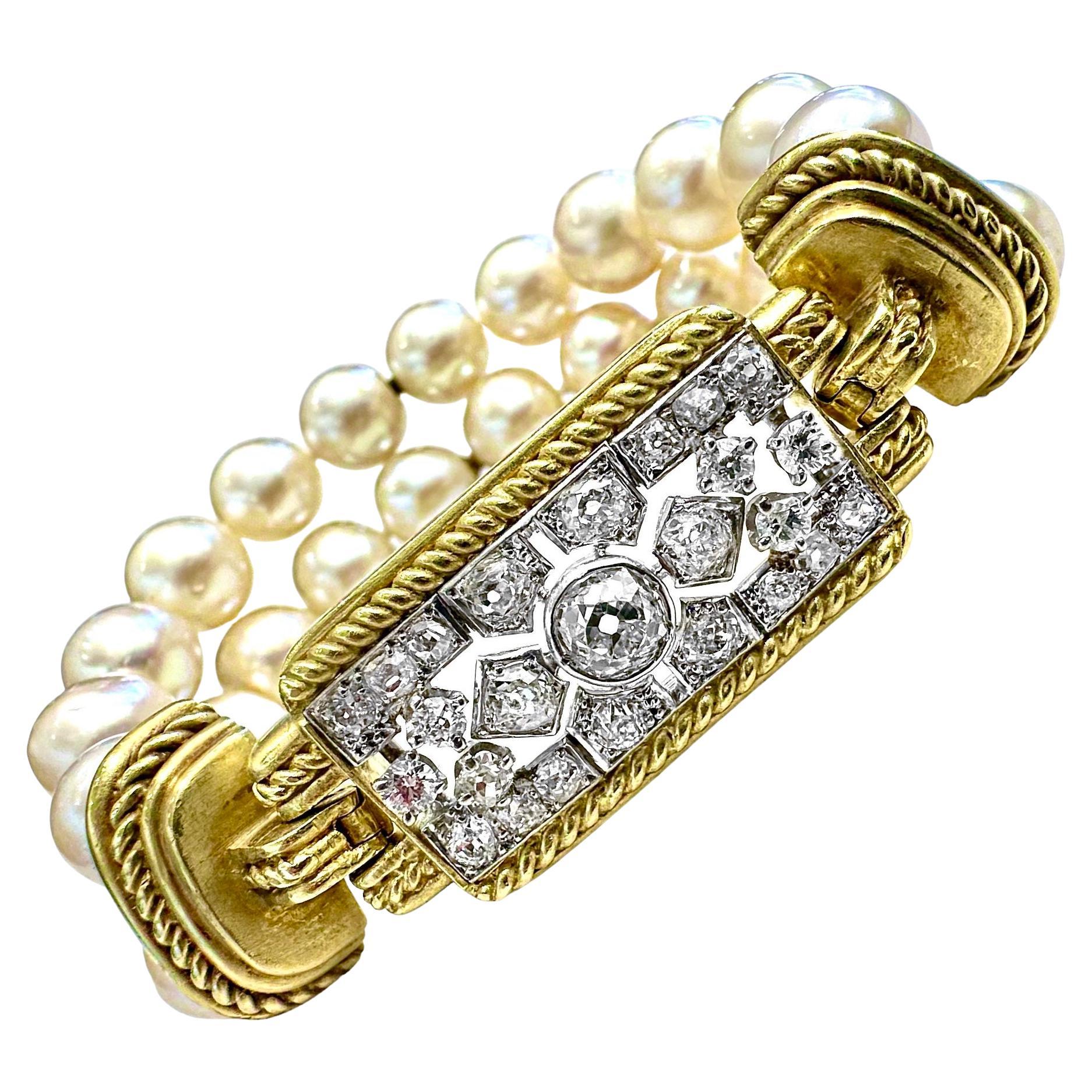 Judith Ripka Deco Style Diamond & Pearl Bracelet in 18K Gold & Platinum