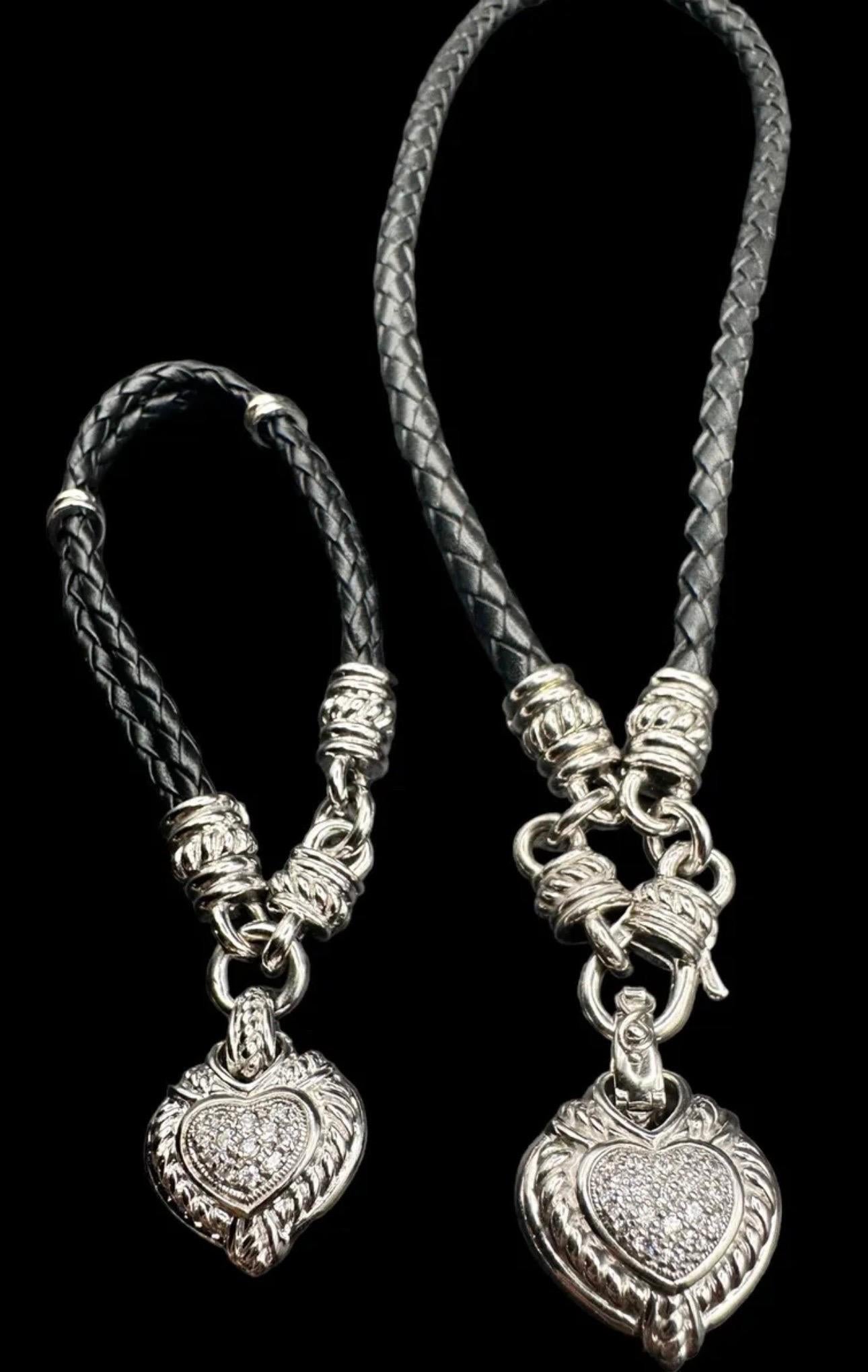 Judith Ripka Designer 925 Cubic Zirconia Heart Leather Cord Necklace Bracelet se 4