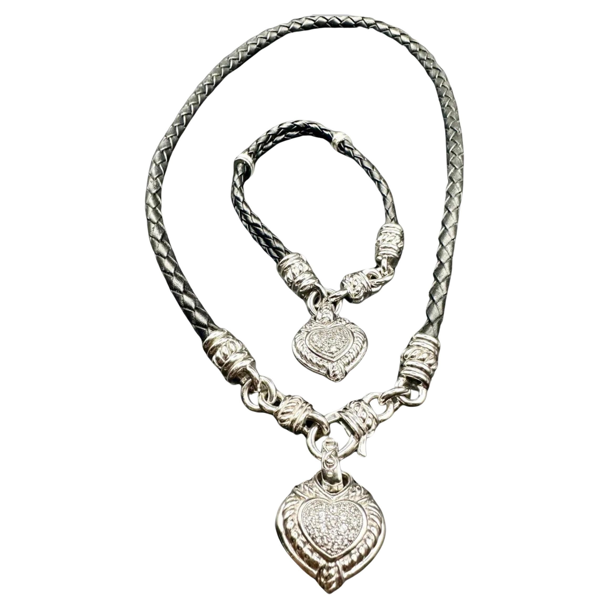 Judith Ripka Designer 925 Cubic Zirconia Heart Leather Cord Necklace Bracelet set 73 Gm 
 Timeless Elegance Sterling Silver  Judith Ripca CZ  Necklace  17