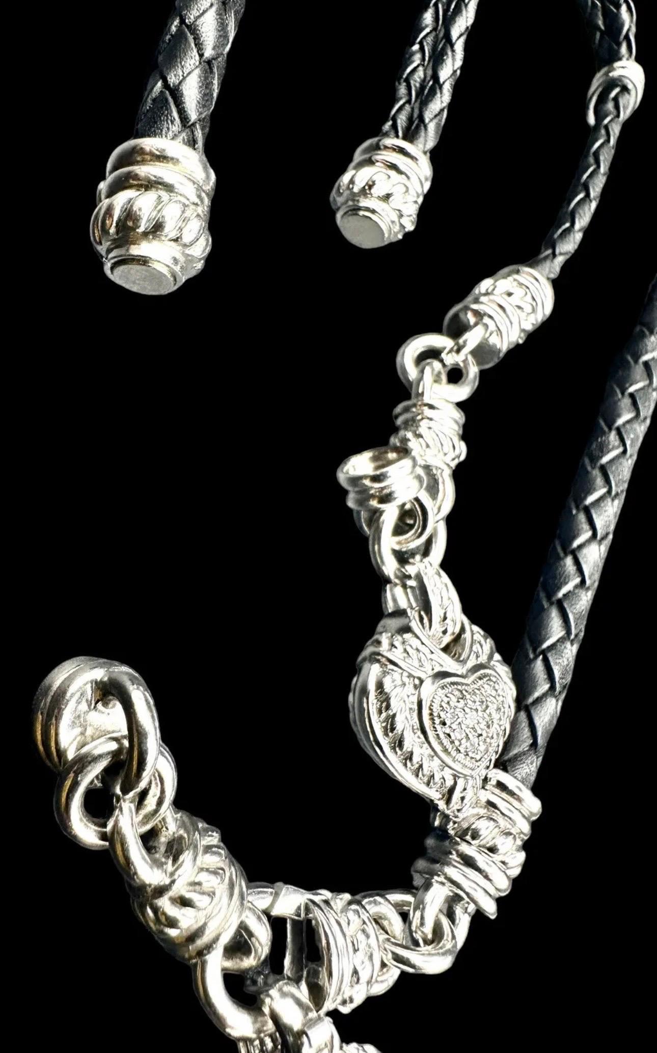 Women's or Men's Judith Ripka Designer 925 Cubic Zirconia Heart Leather Cord Necklace Bracelet se