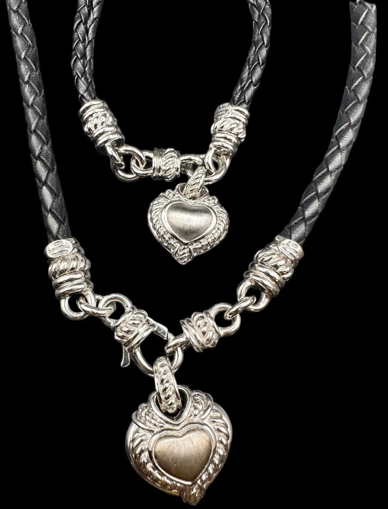Judith Ripka Designer 925 Cubic Zirconia Heart Leather Cord Necklace Bracelet se 1