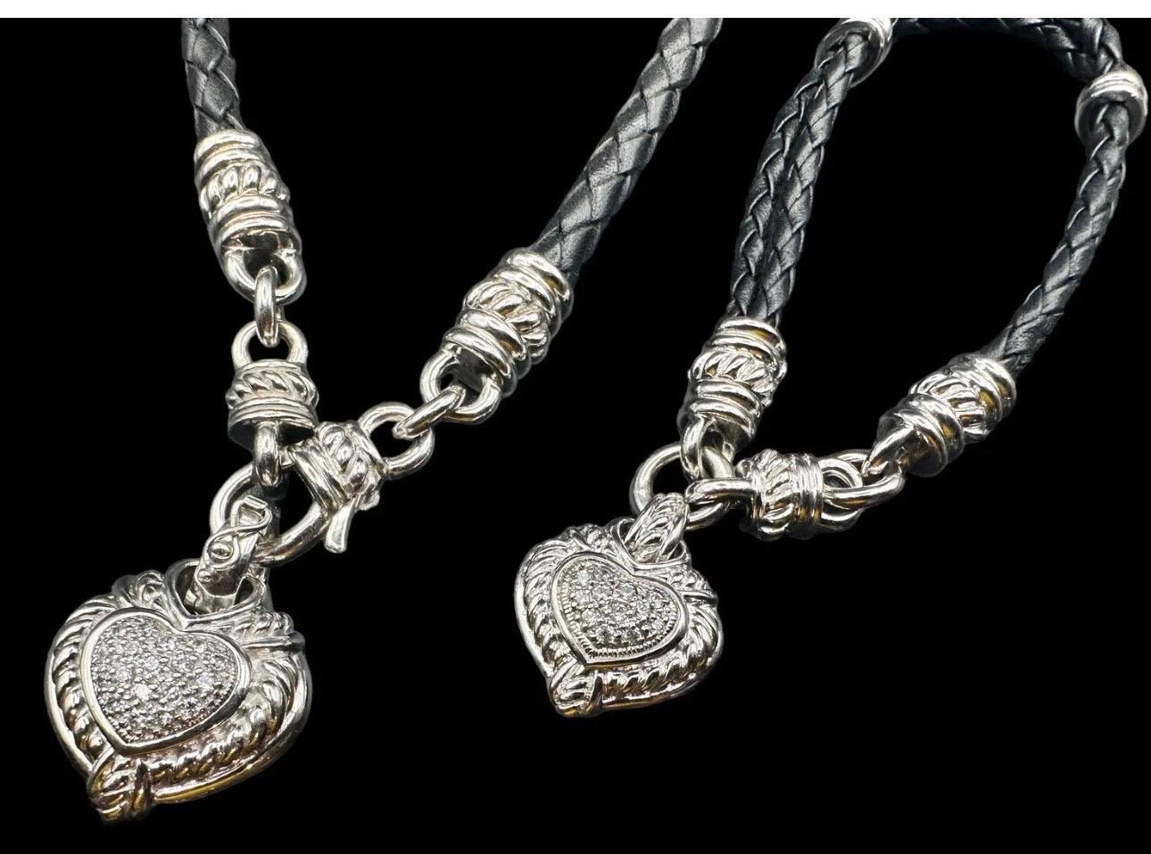 Judith Ripka Designer 925 Cubic Zirconia Heart Leather Cord Necklace Bracelet se 2