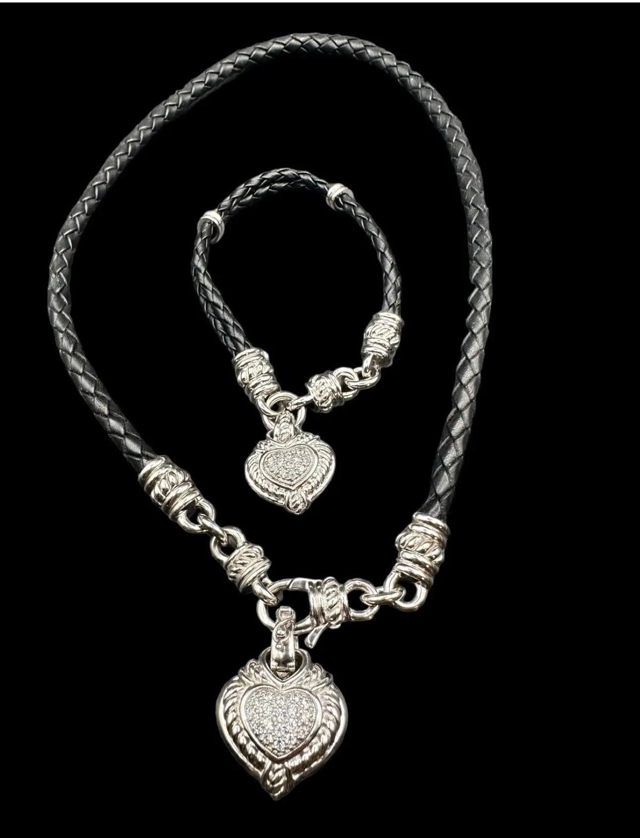 Judith Ripka Designer 925 Cubic Zirconia Heart Leather Cord Necklace Bracelet se 3