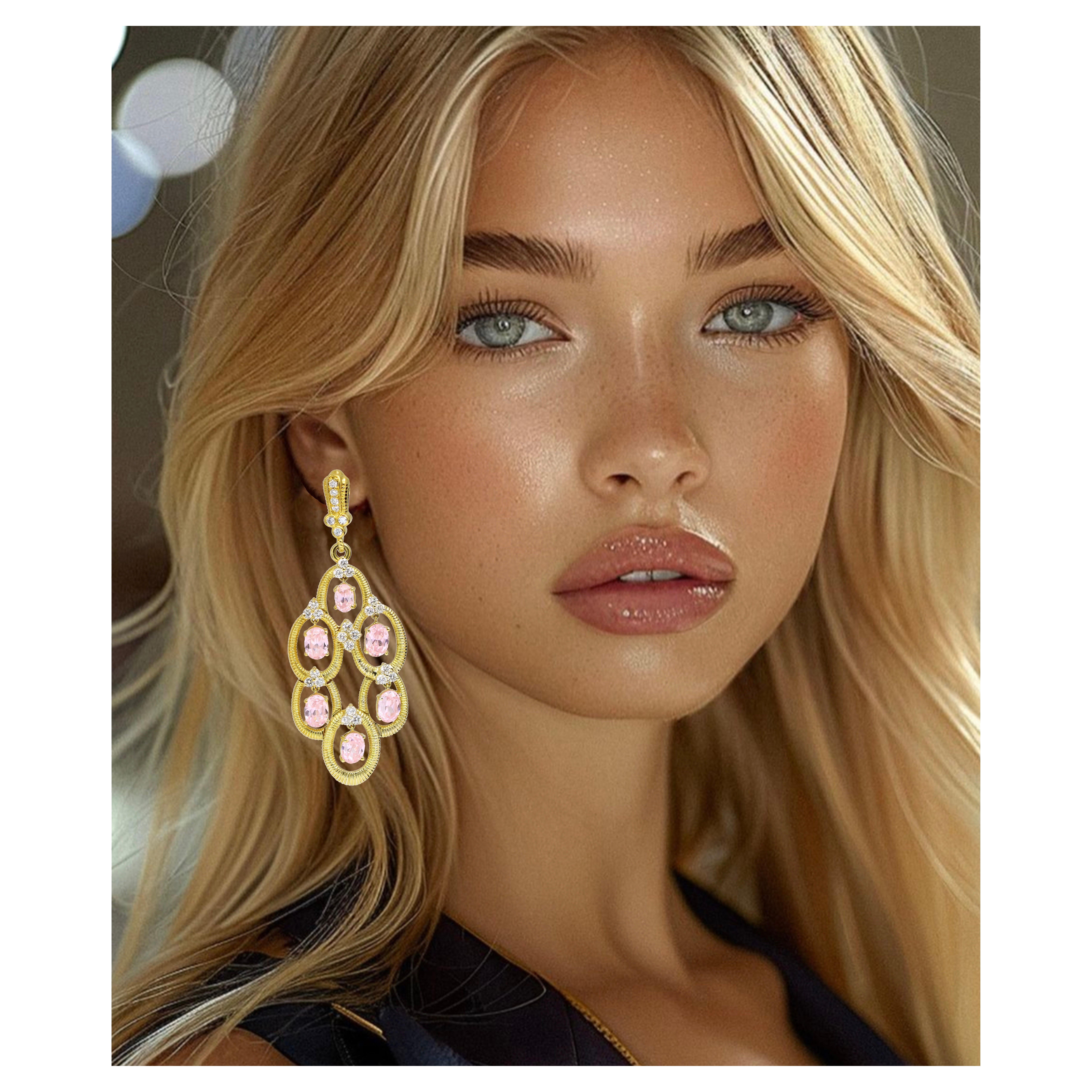 Judith Ripka Diamond and Rose Quartz chandelier drop Earring in 18kt Gold For Sale