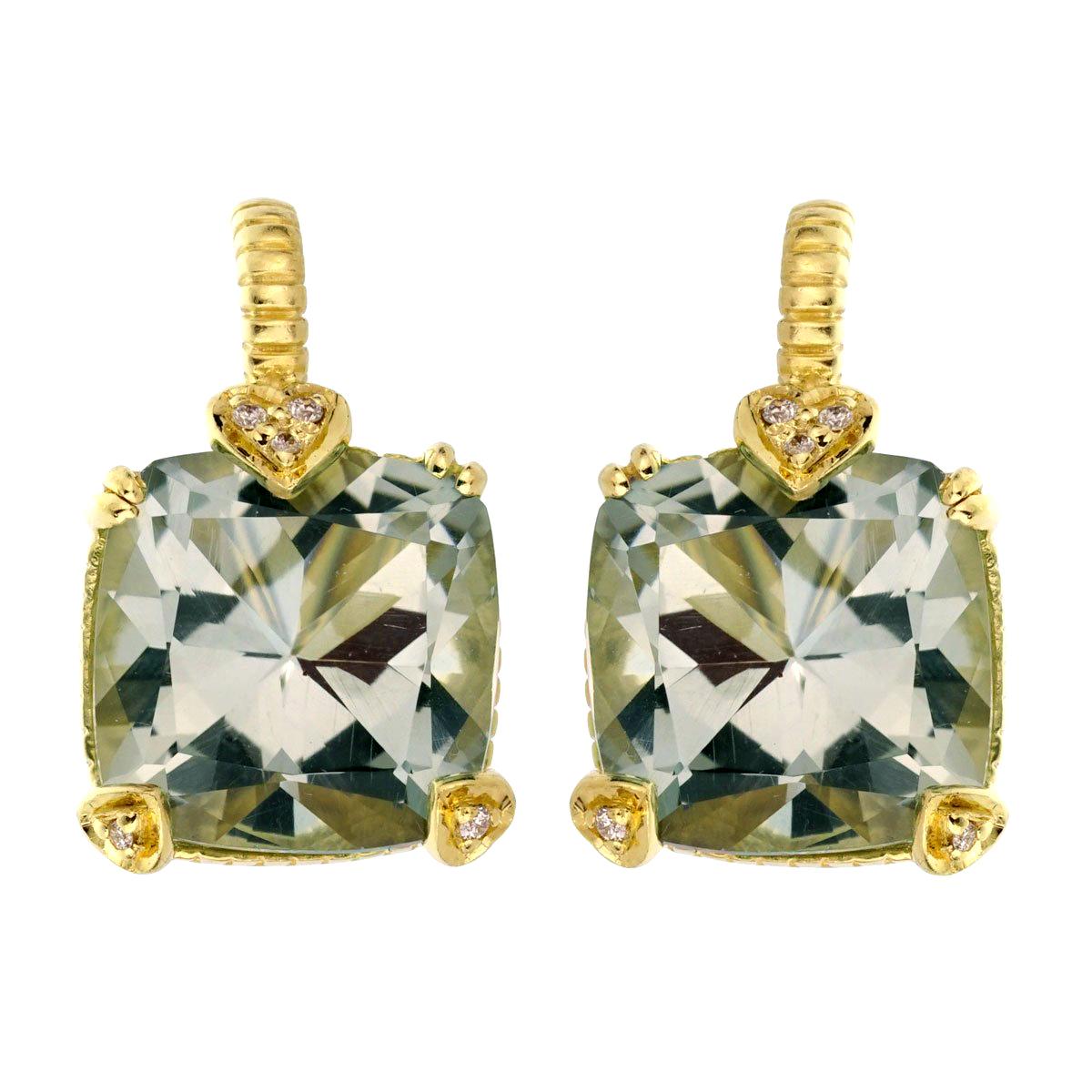 A chic set of Judith Ripka diamond drop earrings set in 18k yellow gold with light blue quartz.