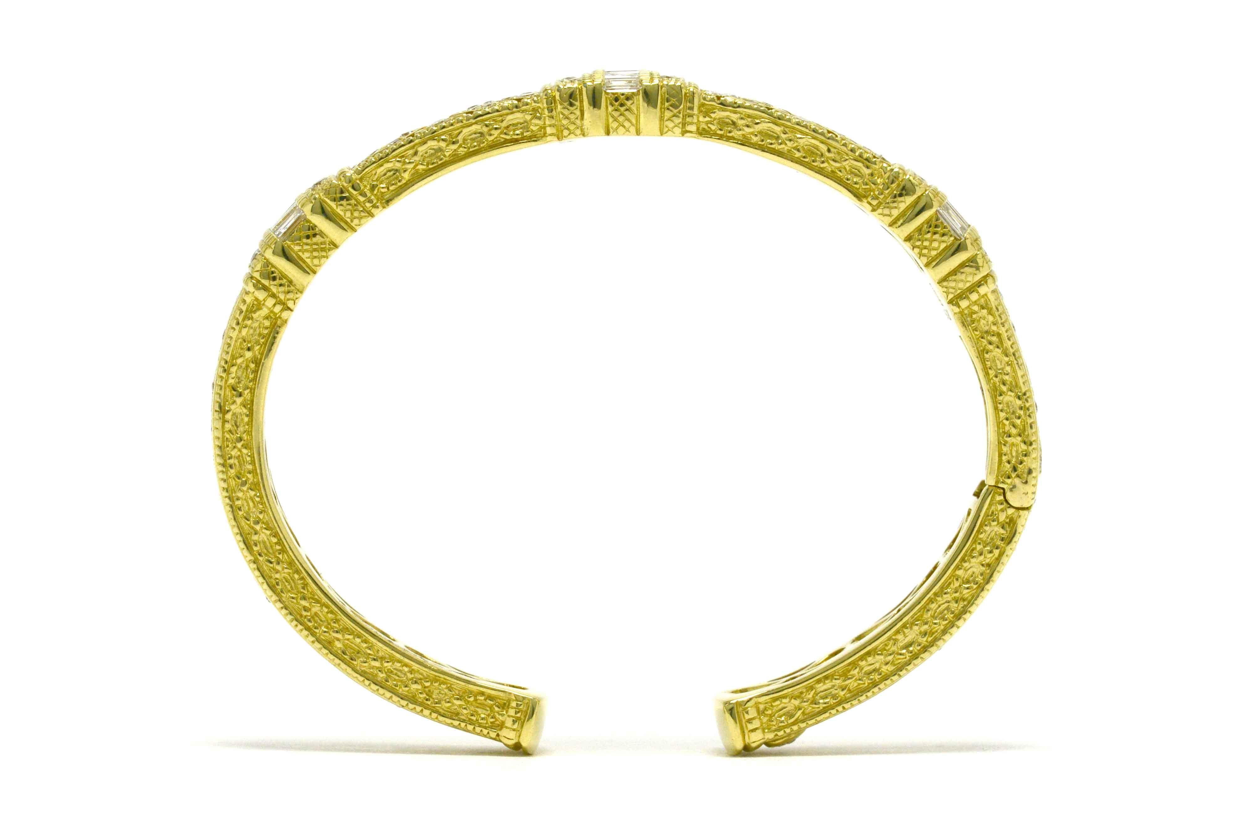 Judith Ripka Diamond Bracelet Cuff Bangle Heavy Yellow Gold Etruscan Granulation In Good Condition In Santa Barbara, CA