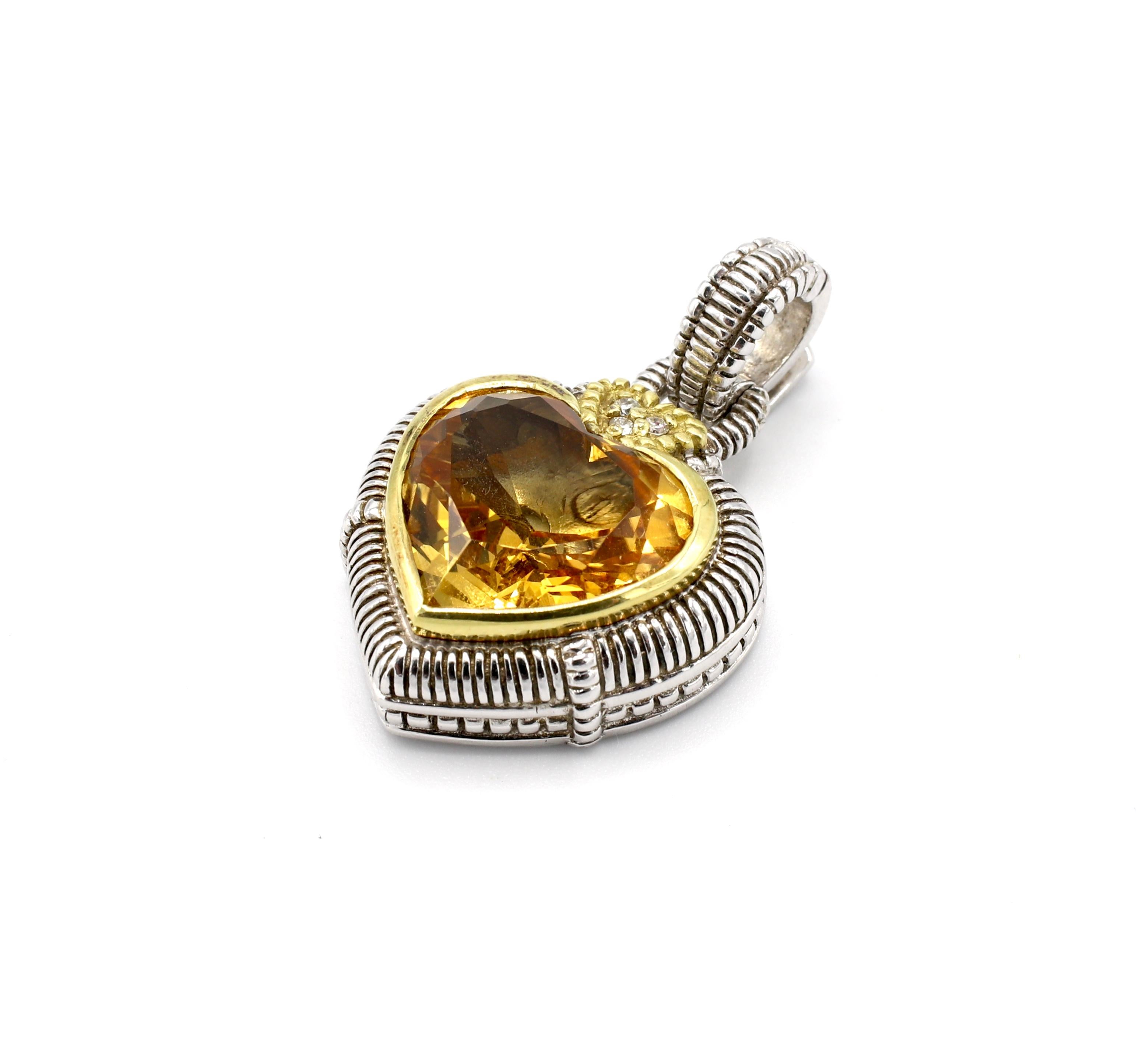 Contemporary Judith Ripka Diamond & Citrine Heart Sterling Silver & 18K Gold Pendant Necklace