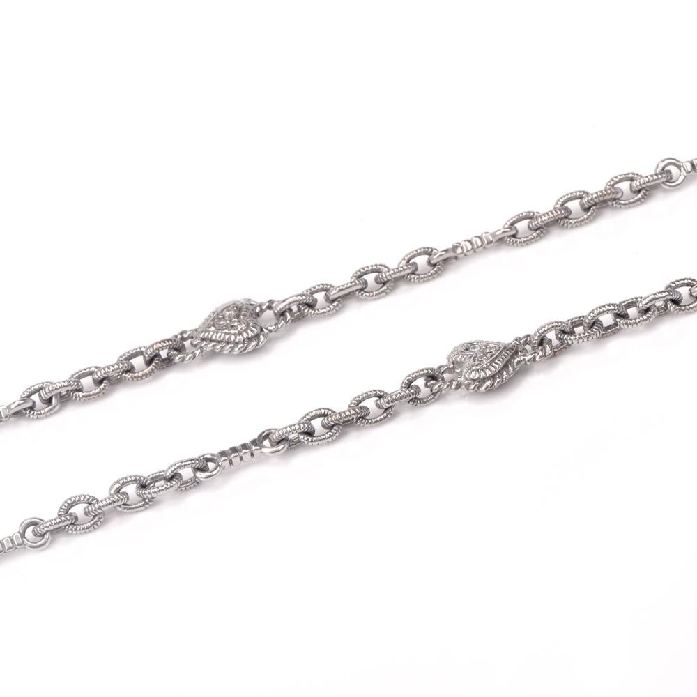Round Cut Judith Ripka Diamond Heart Long 18 Karat Gold Chain Link Necklace