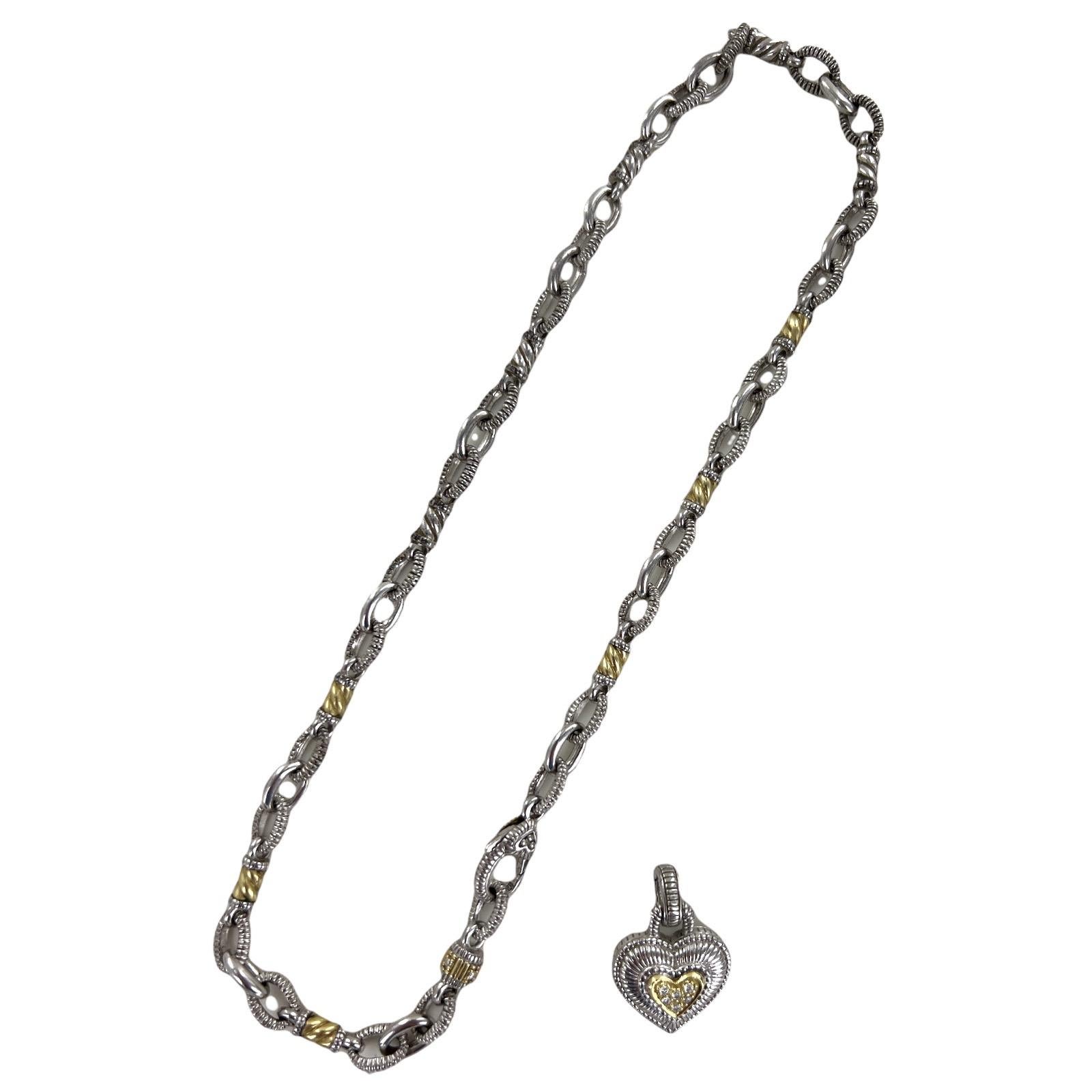 Modern Judith Ripka Diamond Heart Pendant Necklace 18K Yellow Gold Sterling Silver