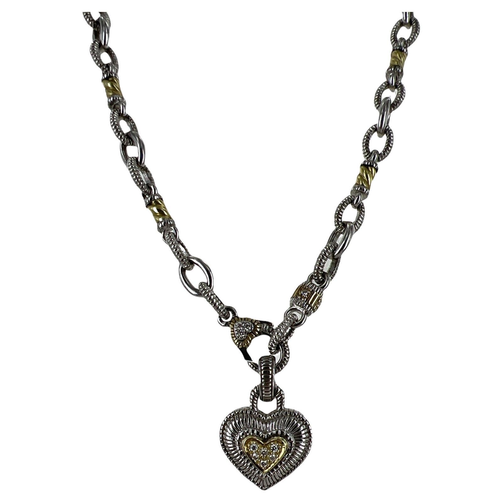 Judith Ripka Diamond Heart Pendant Necklace 18K Yellow Gold Sterling Silver
