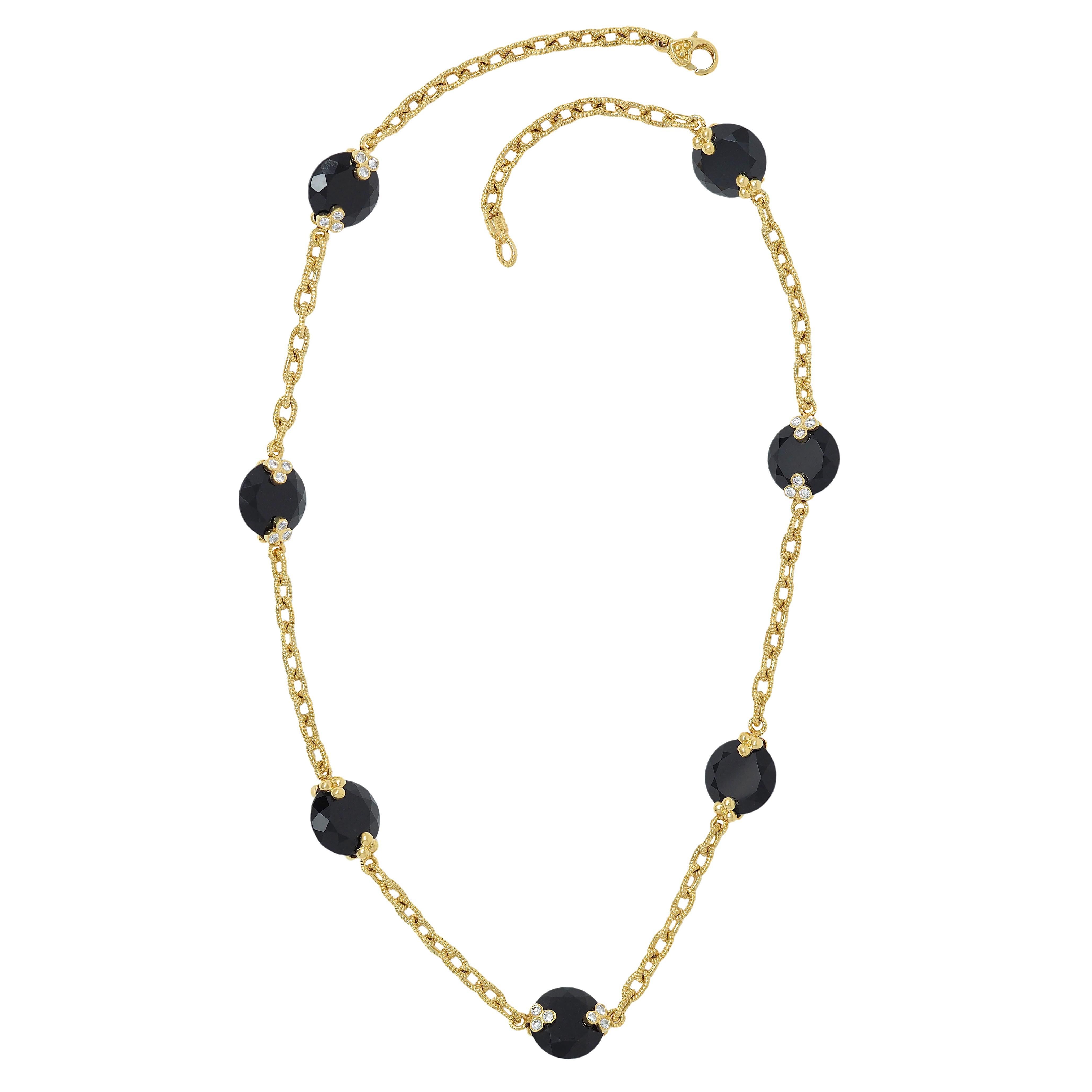 Contemporary Judith Ripka Diamond Onyx 18 Karat Yellow Gold Station Chain Necklace For Sale