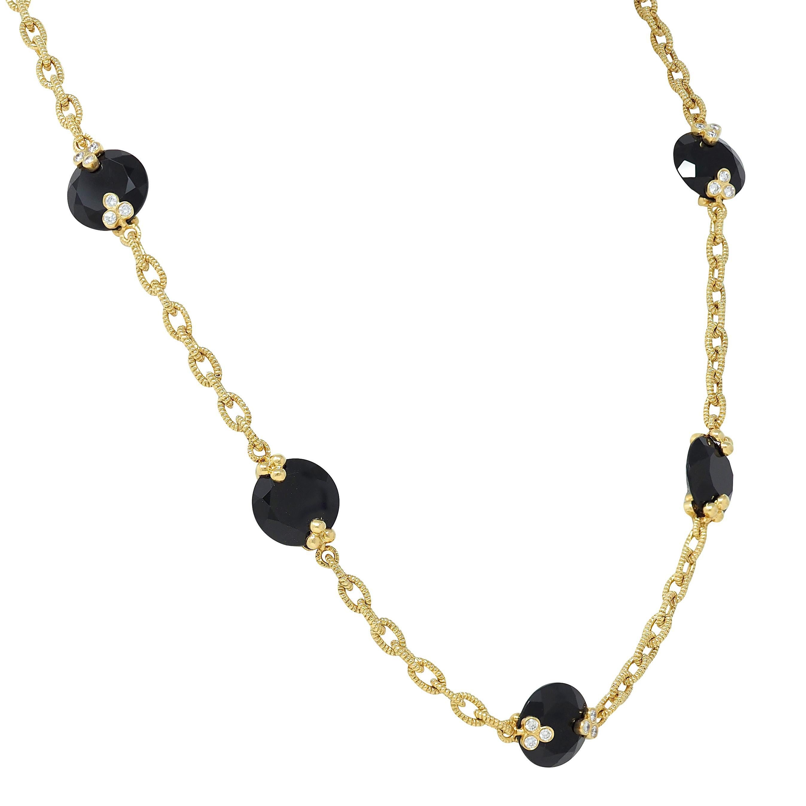 Brilliant Cut Judith Ripka Diamond Onyx 18 Karat Yellow Gold Station Chain Necklace For Sale