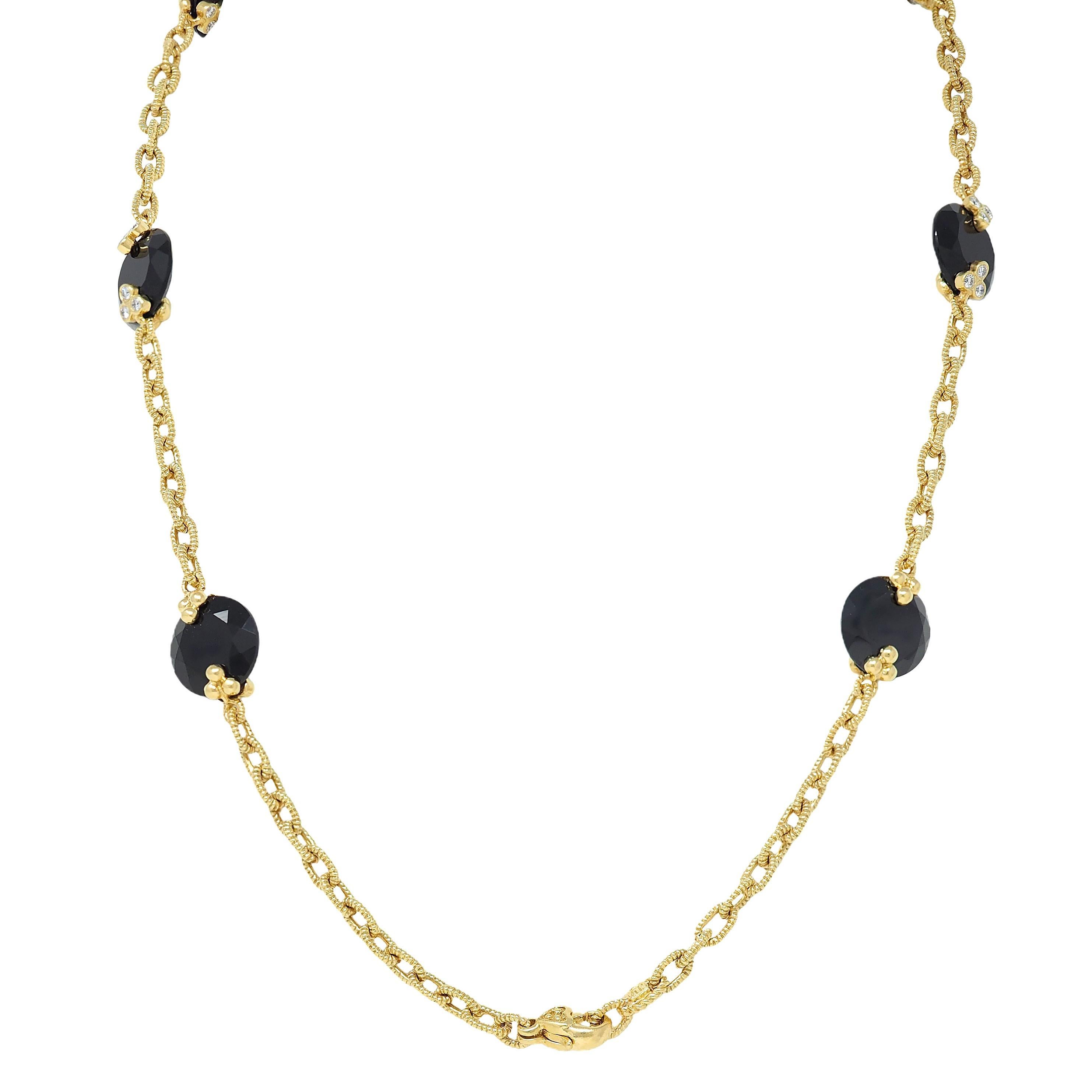 Judith Ripka Diamond Onyx 18 Karat Yellow Gold Station Chain Necklace In Excellent Condition For Sale In Philadelphia, PA