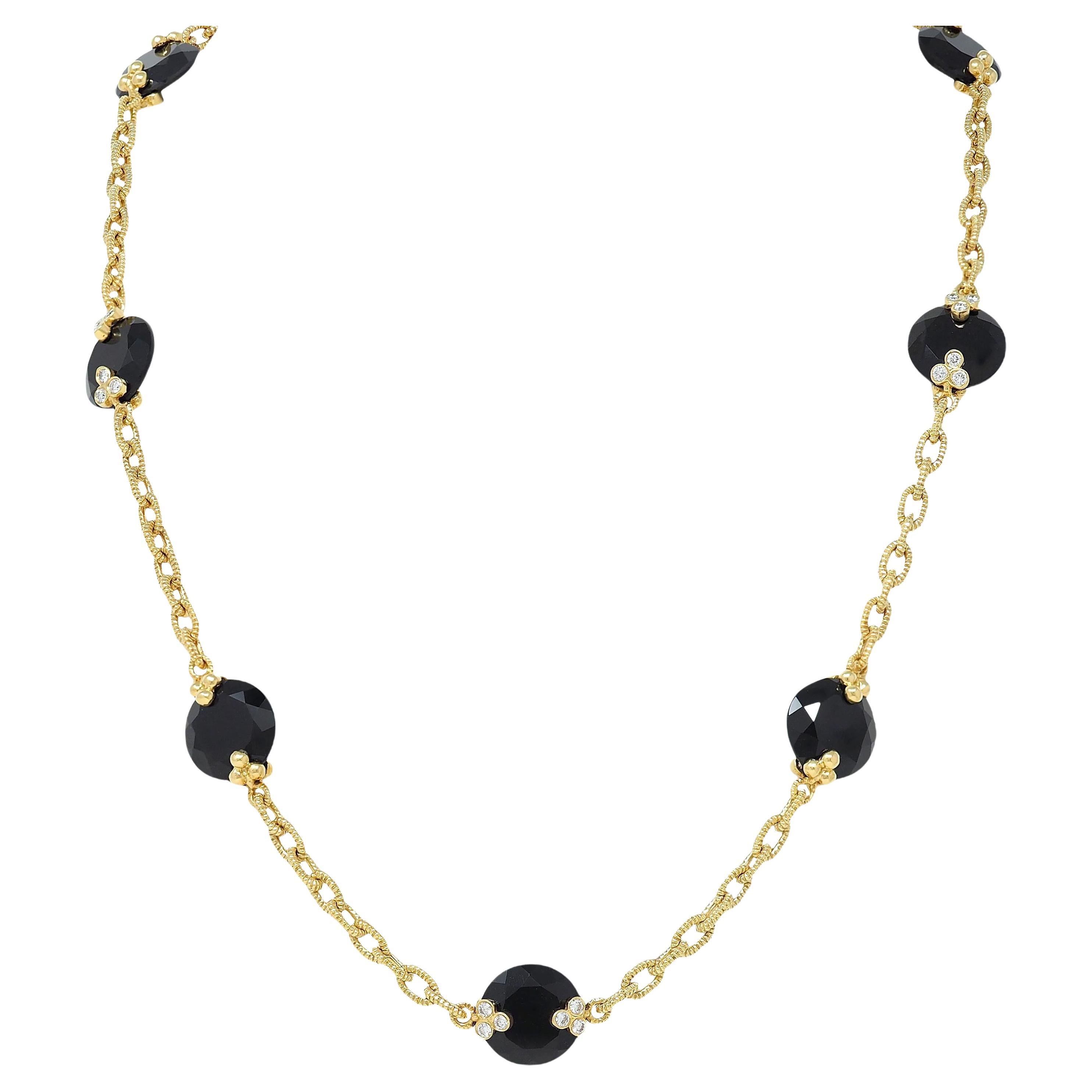Judith Ripka Diamond Onyx 18 Karat Yellow Gold Station Chain Necklace For Sale