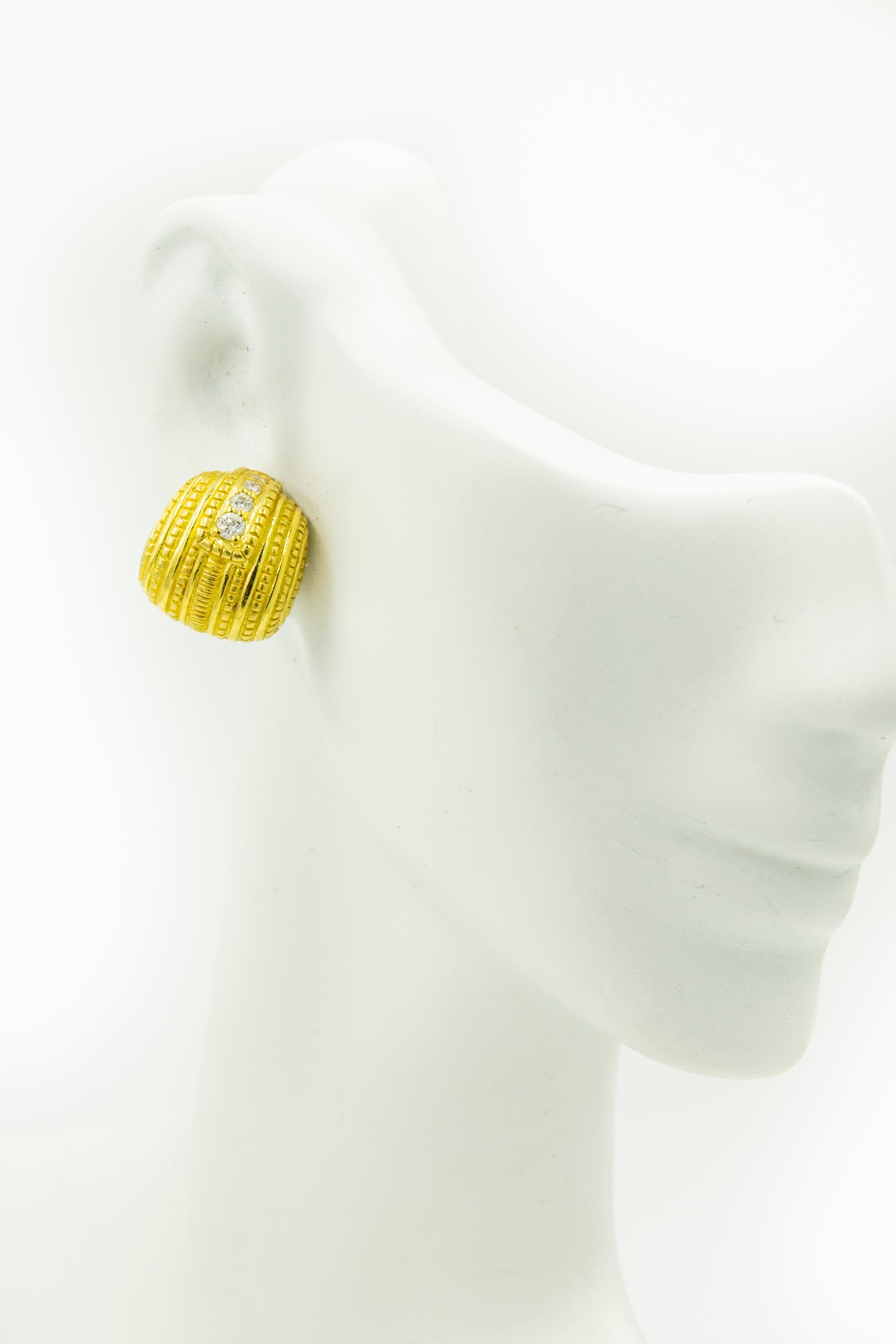 Round Cut Judith Ripka Diamond Textured 18 Karat Yellow Gold Earrings For Sale