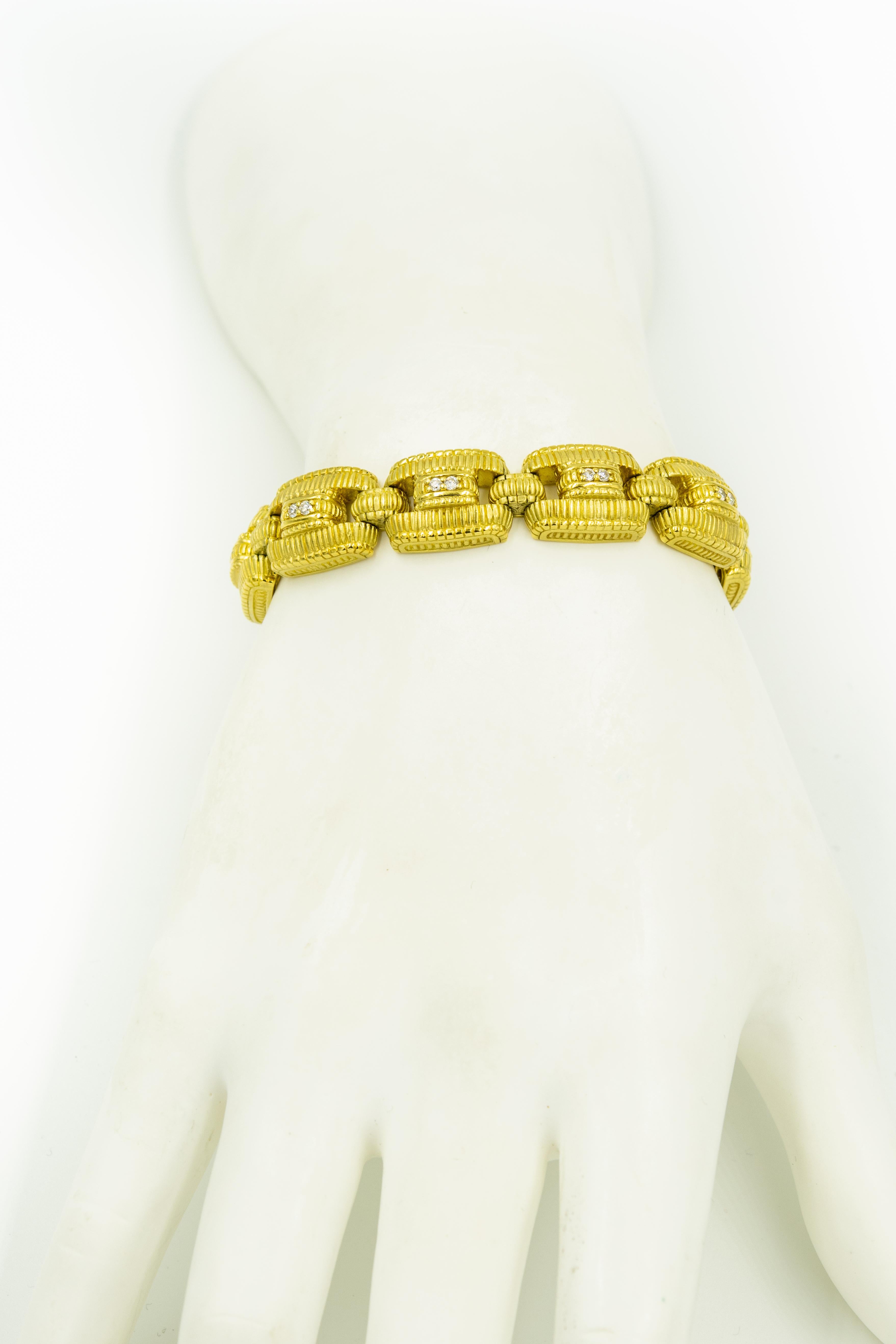 Round Cut Judith Ripka Diamond Textured Yellow Gold Rectangular Link Bracelet