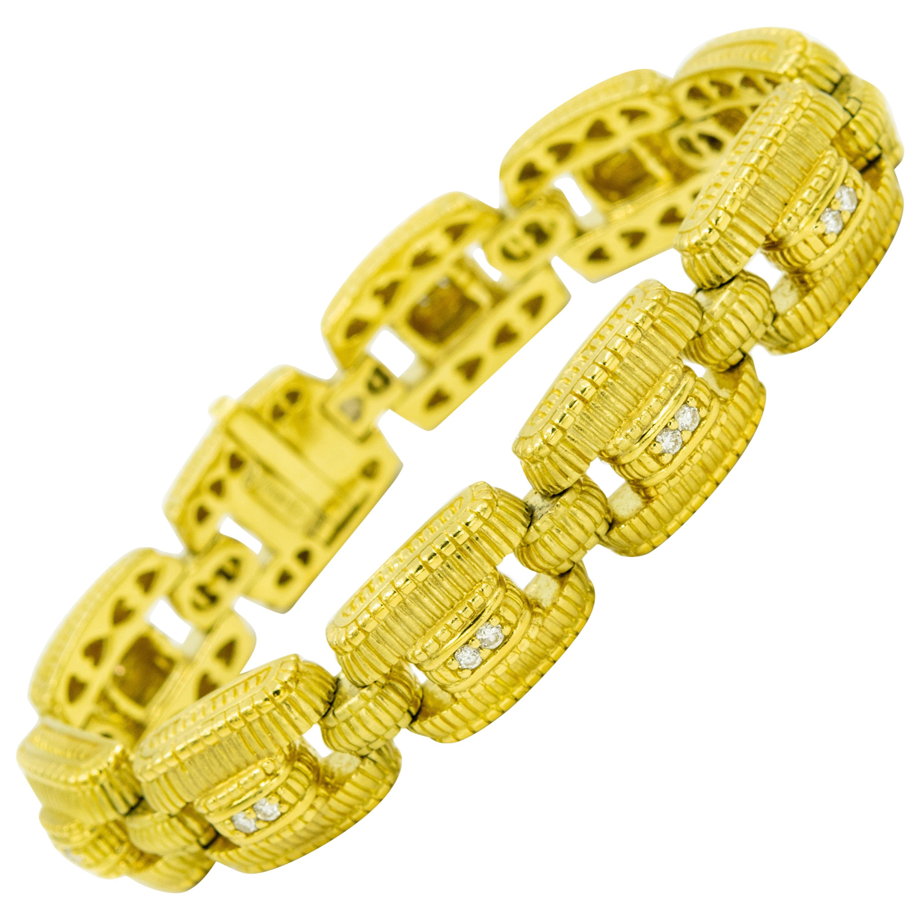 Judith Ripka Diamond Textured Yellow Gold Rectangular Link Bracelet