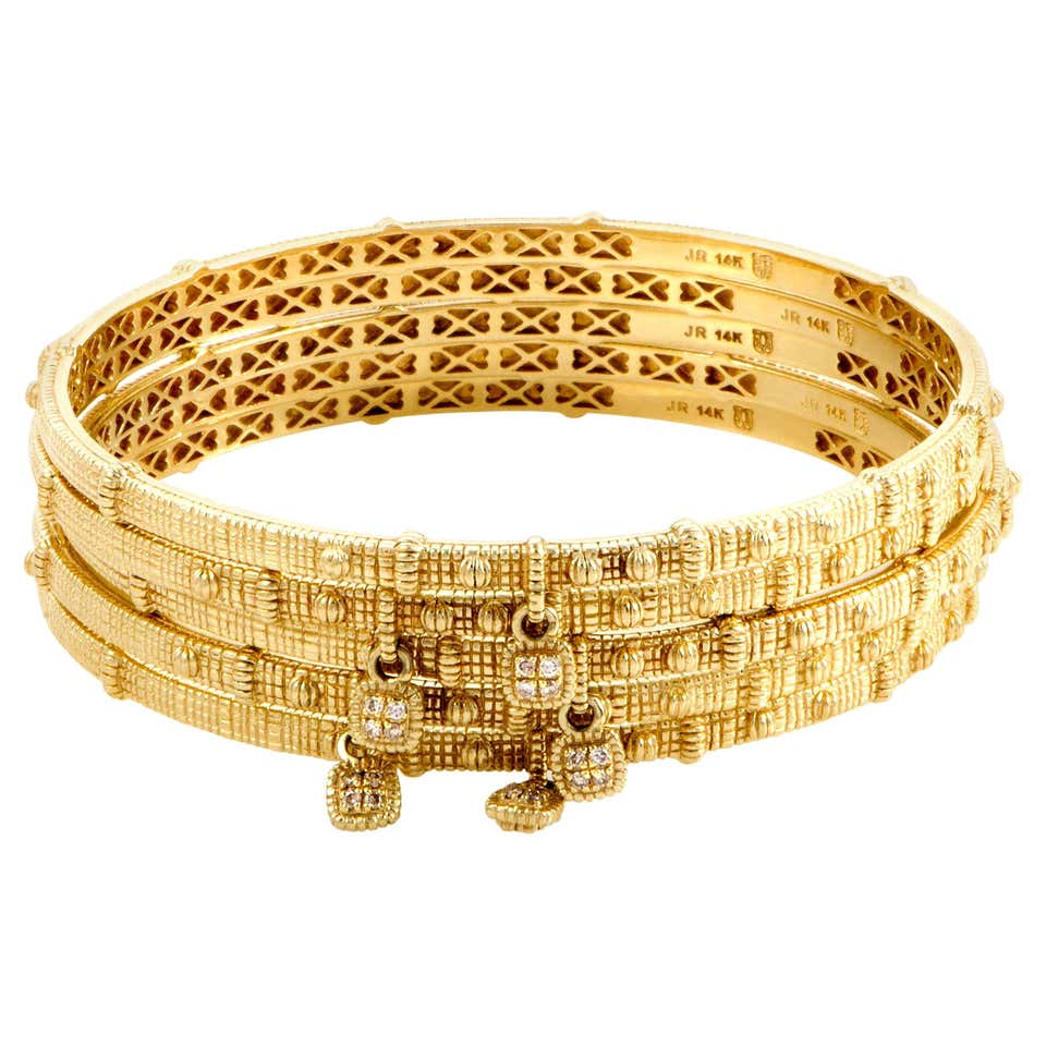 Judith Ripka Diamond Yellow Gold Five-Bangle Bracelet Set at 1stDibs
